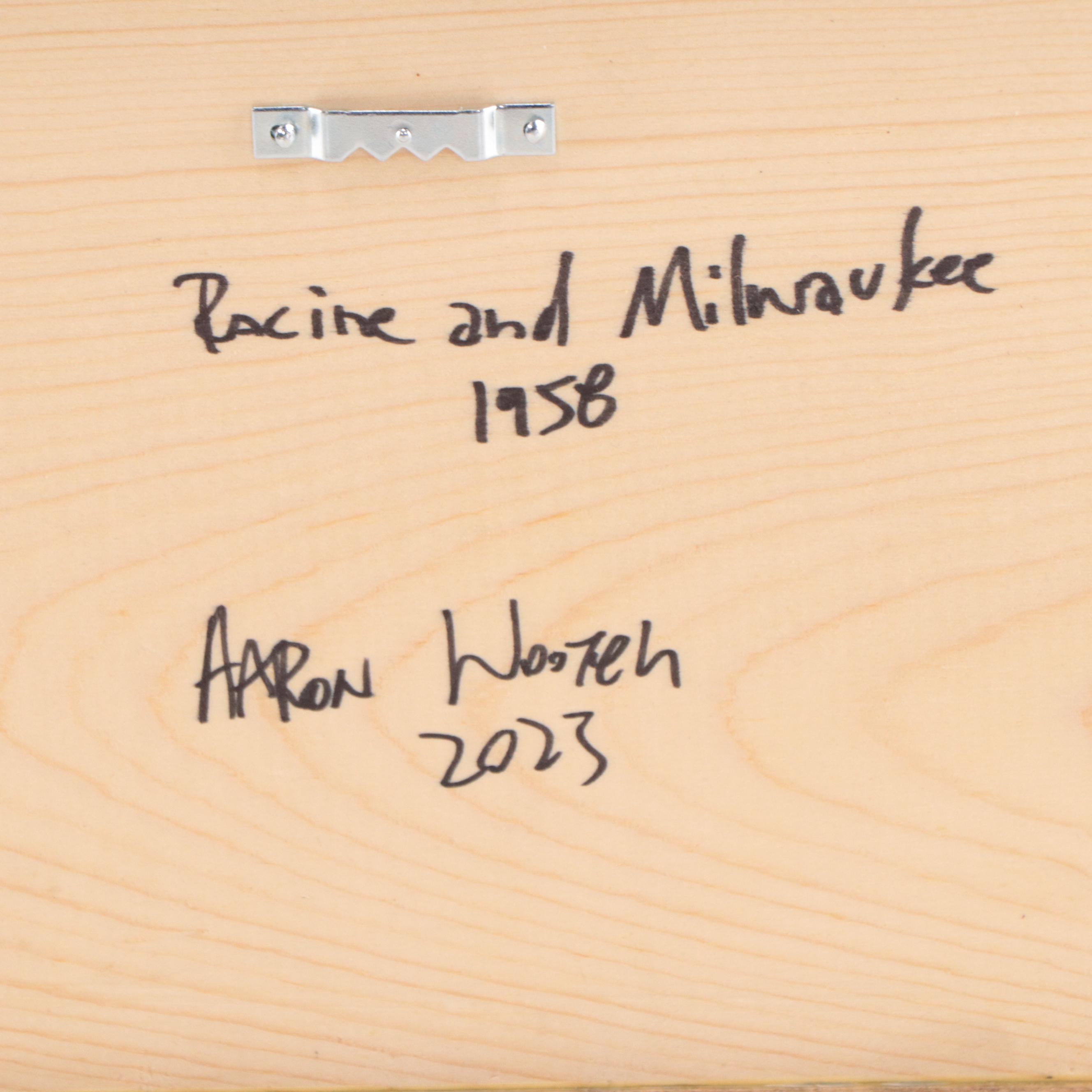 Aaron Wooten Acrylic and Ink Painting of Cityscape "Racine and Milwaukee," 2023