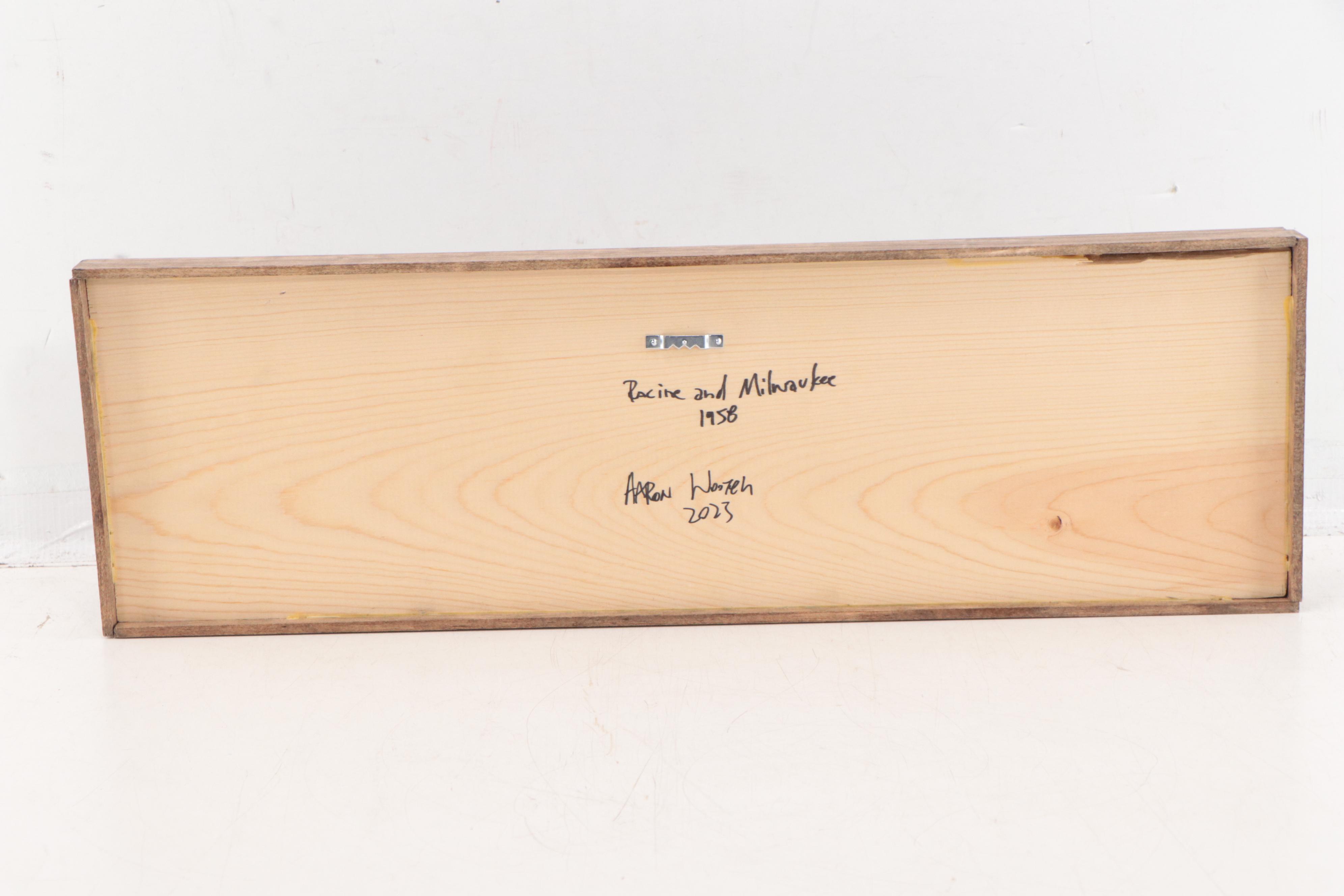 Aaron Wooten Acrylic and Ink Painting of Cityscape "Racine and Milwaukee," 2023