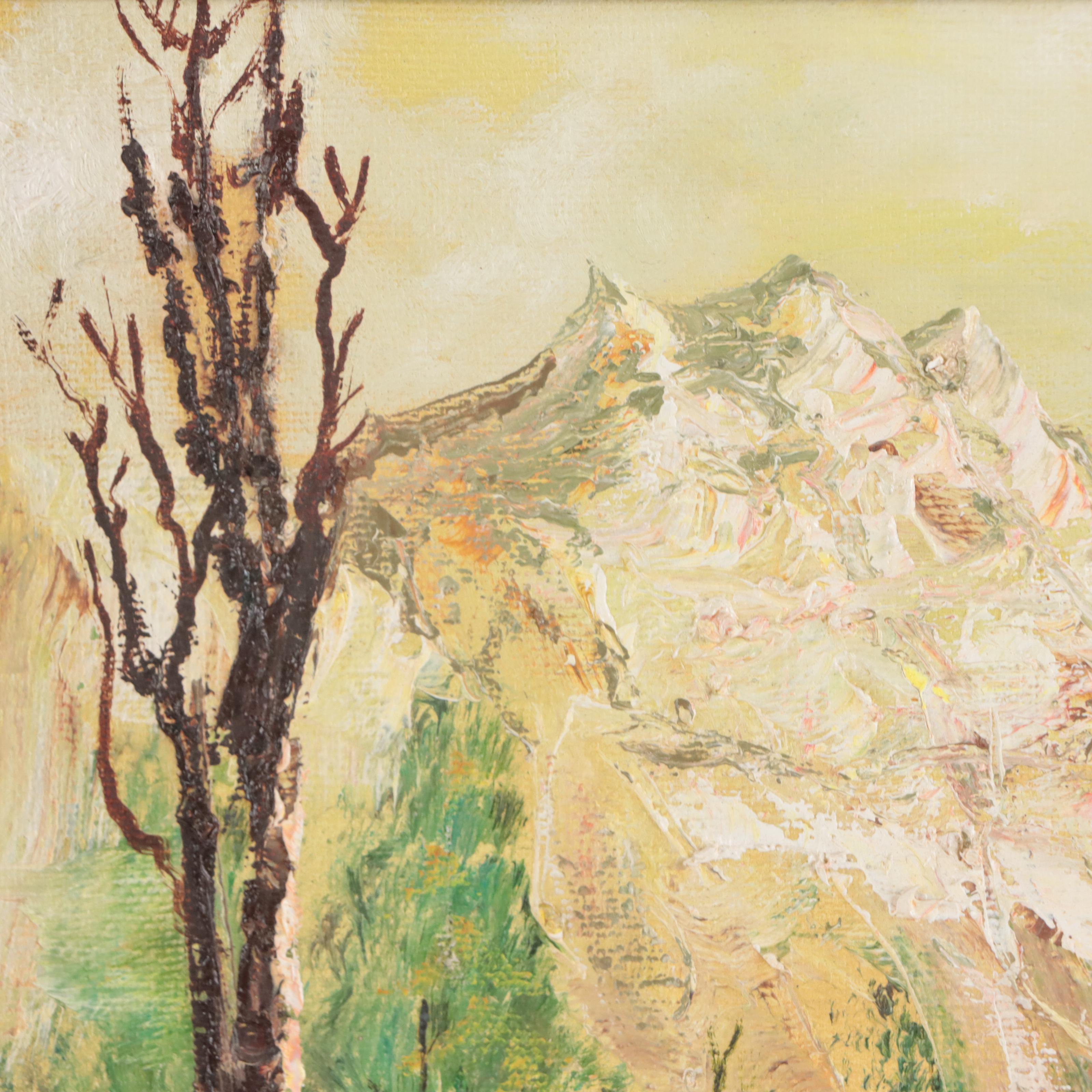 Idyllic Mountains Landscape Oil Painting, Mid-20th Century