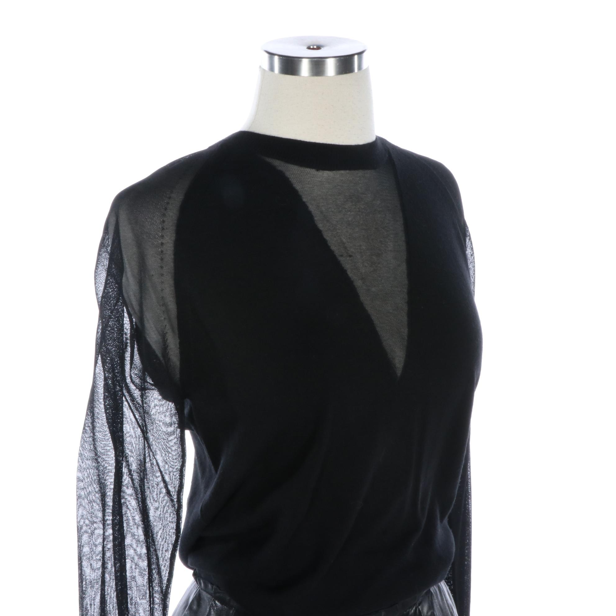 3.1 Phillip Lim Pleated Leather Skirt and Crewneck Sweater with Sheer Sleeves