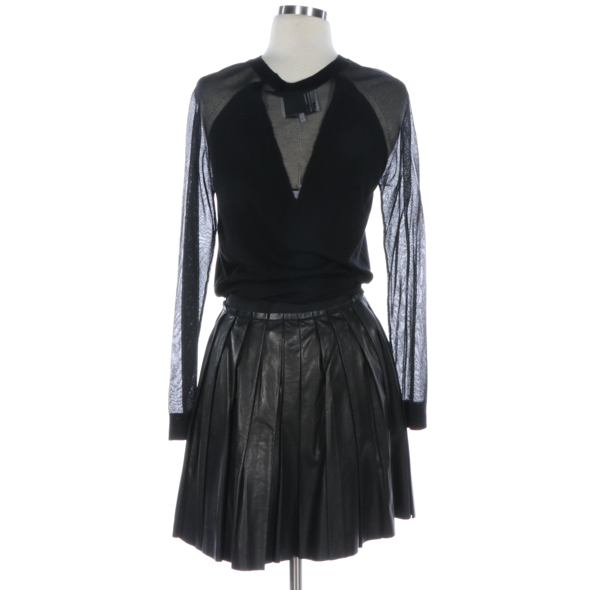 3.1 Phillip Lim Pleated Leather Skirt and Crewneck Sweater with Sheer Sleeves