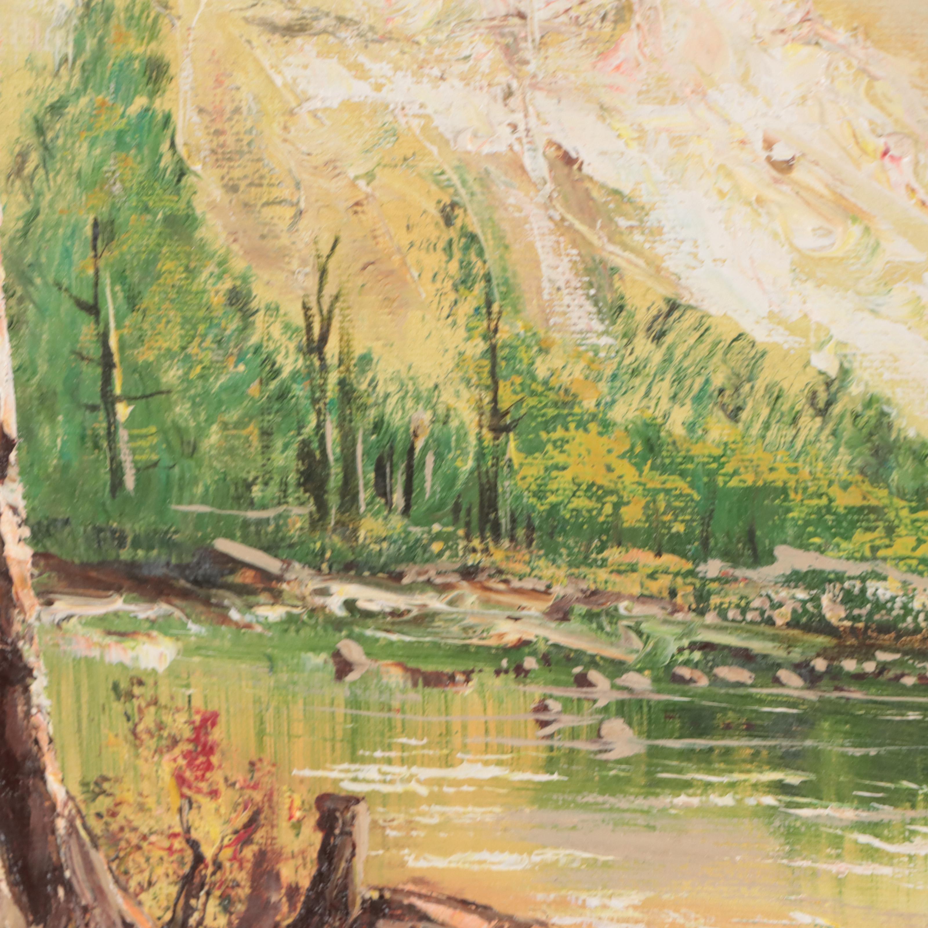 Idyllic Mountains Landscape Oil Painting, Mid-20th Century