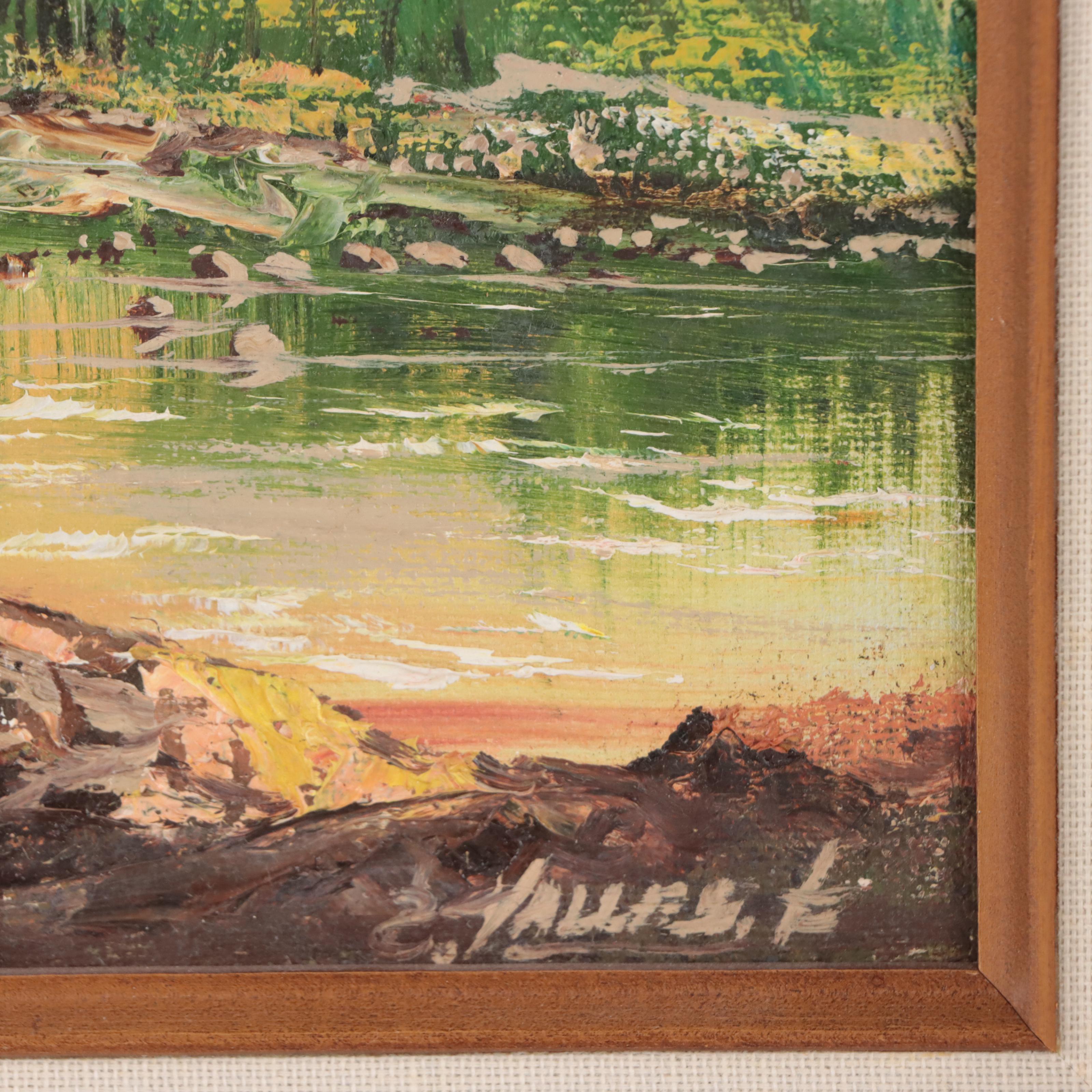 Idyllic Mountains Landscape Oil Painting, Mid-20th Century