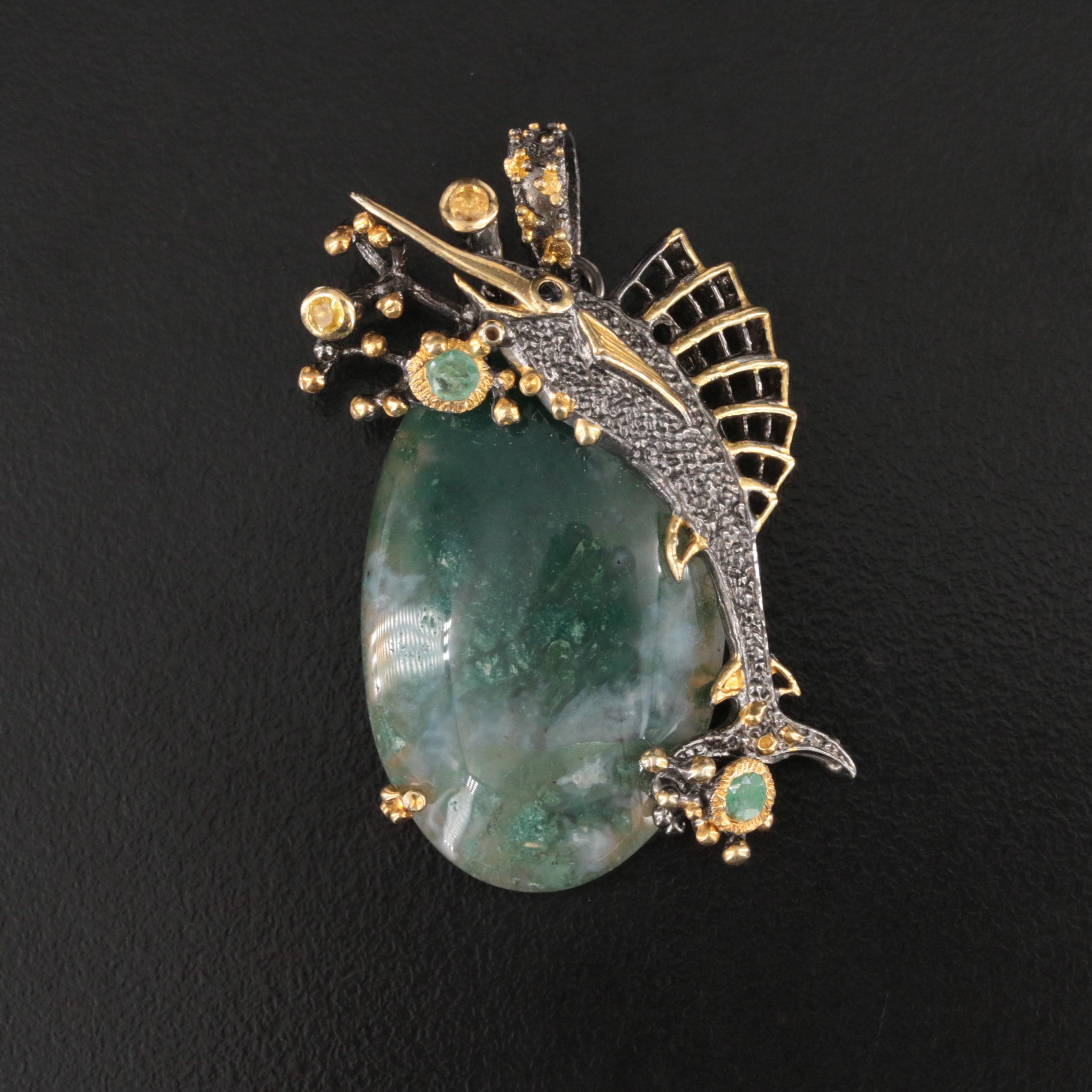 Sterling Agate, Emerald and Sapphire Swordfish Pendant