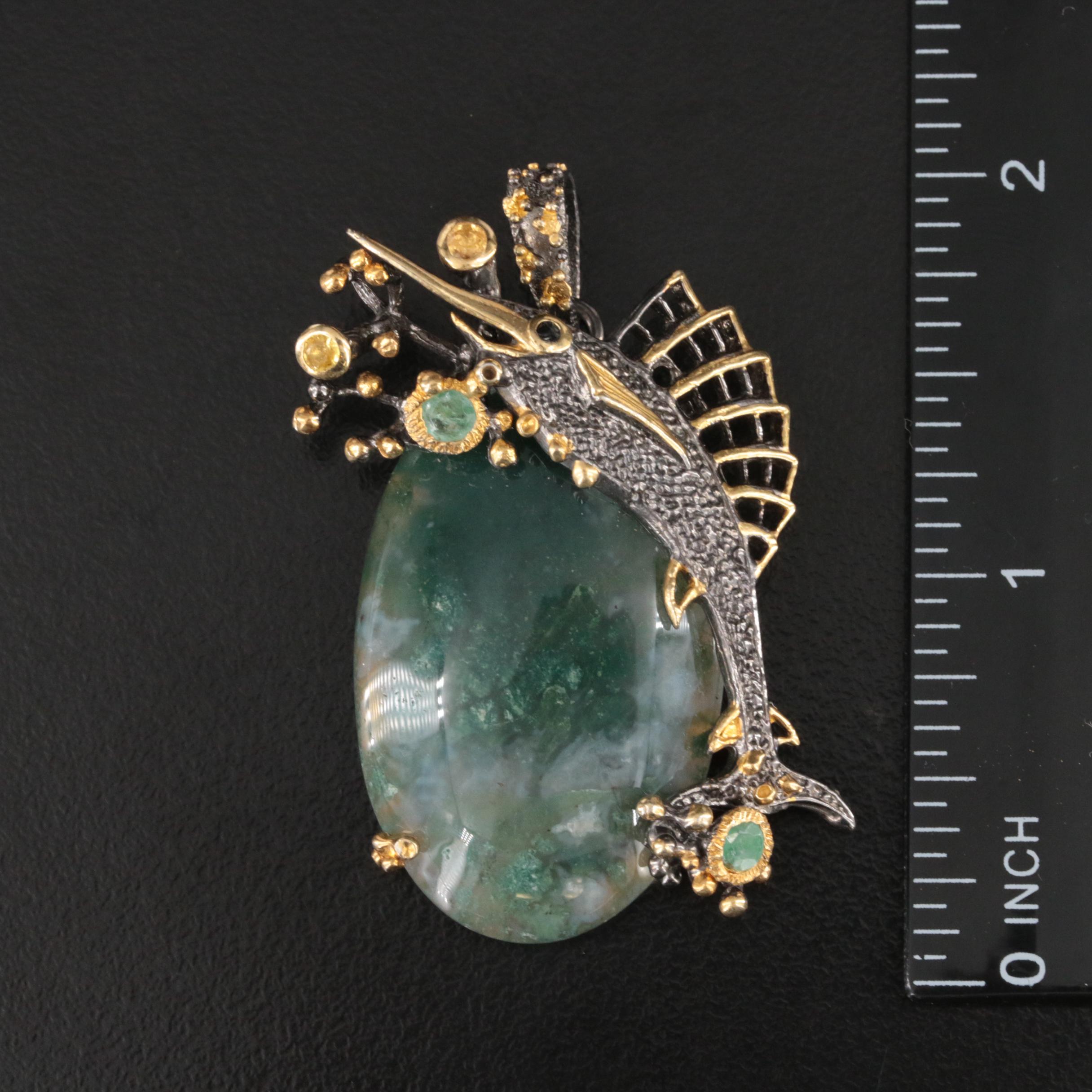 Sterling Agate, Emerald and Sapphire Swordfish Pendant