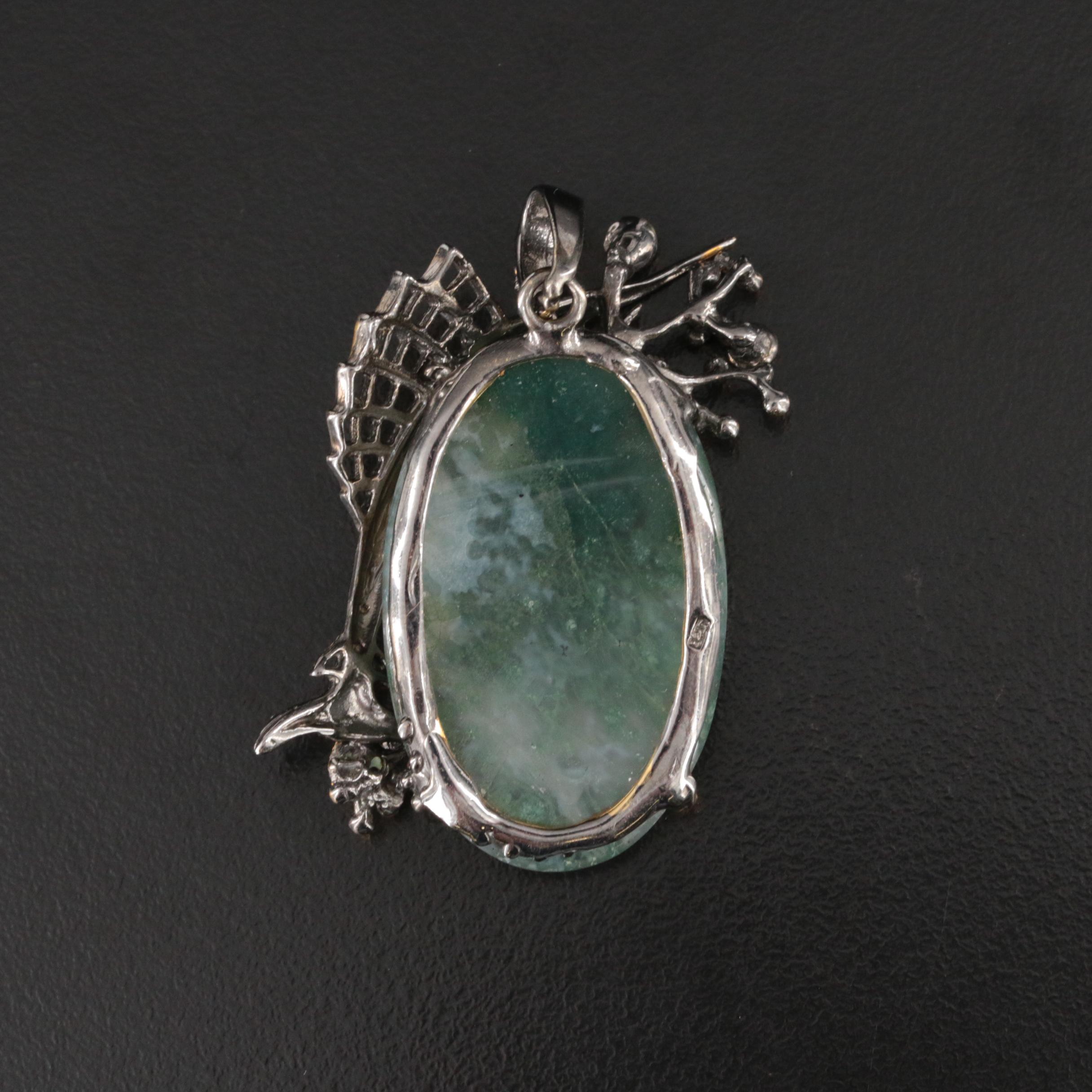 Sterling Agate, Emerald and Sapphire Swordfish Pendant