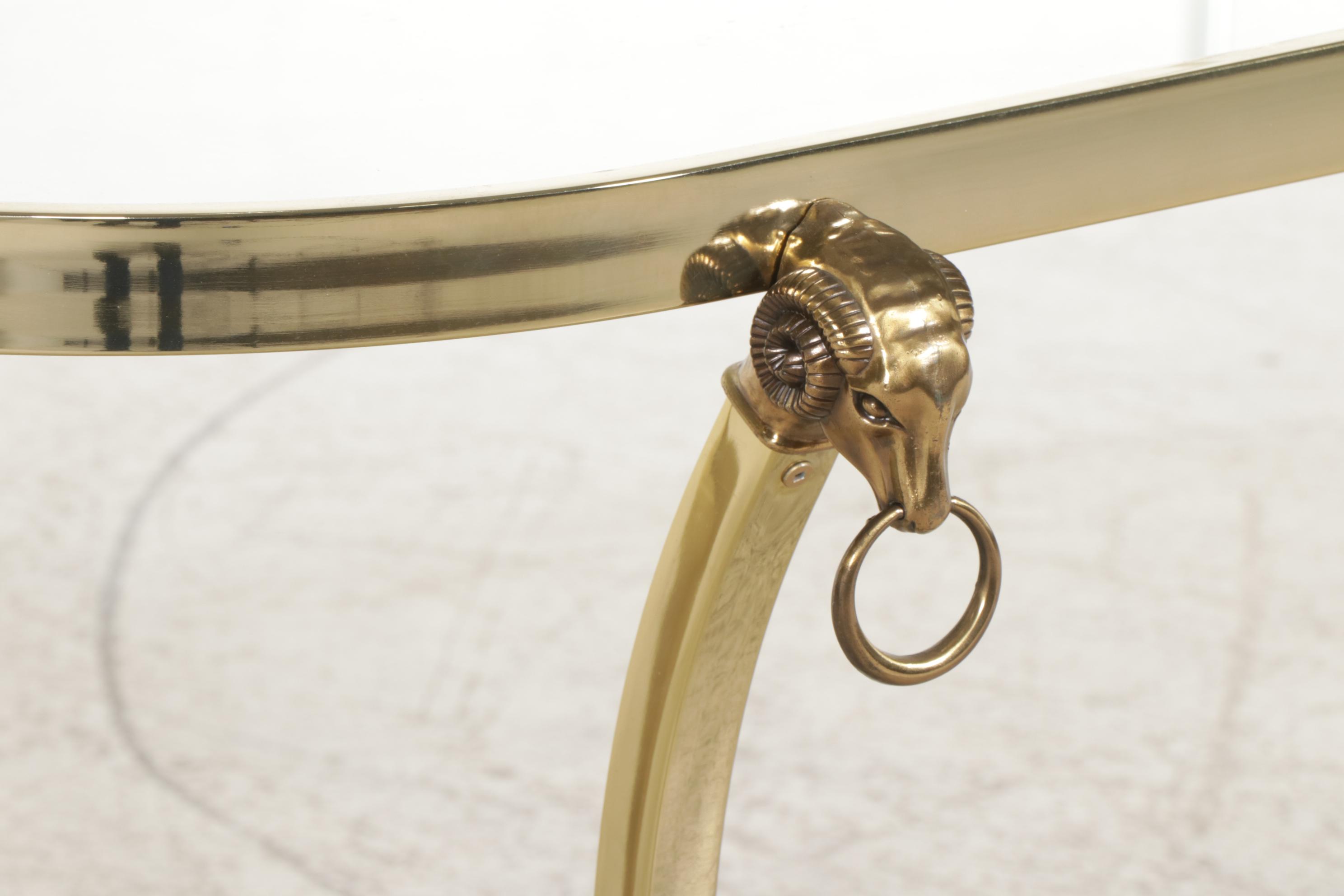 Brass Finished Metal and Glass Hall Table with Ram's Head Decorations