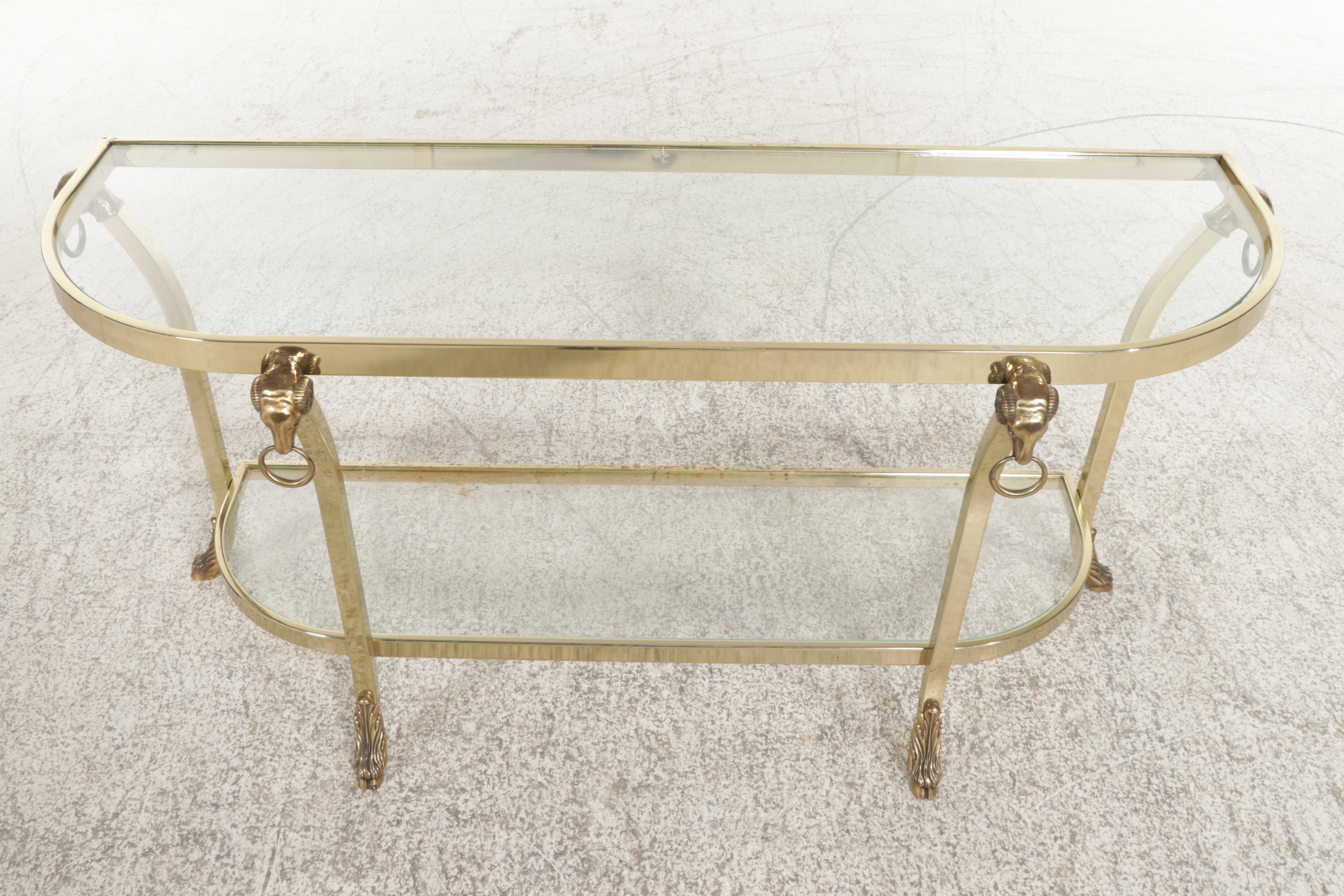 Brass Finished Metal and Glass Hall Table with Ram's Head Decorations