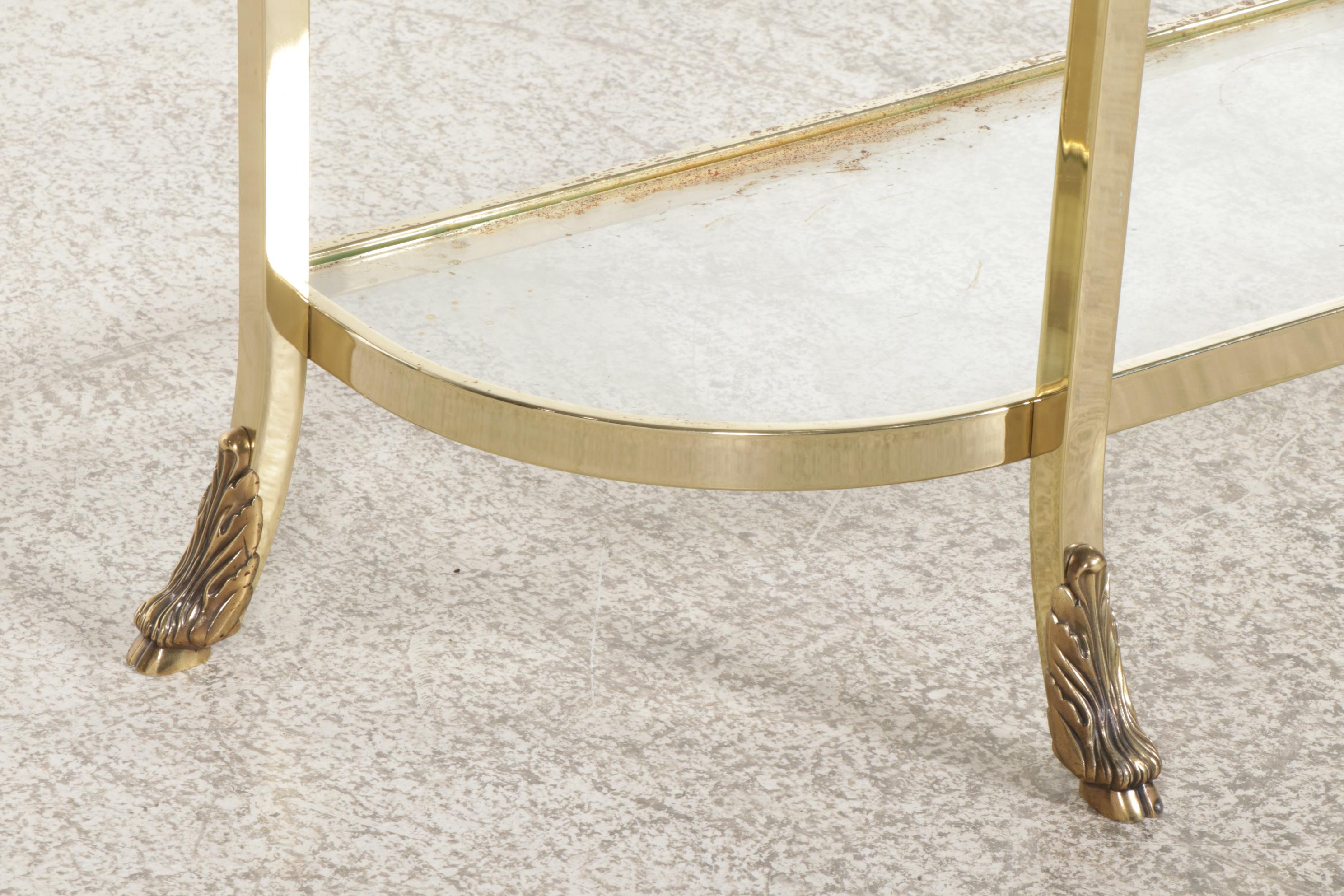 Brass Finished Metal and Glass Hall Table with Ram's Head Decorations