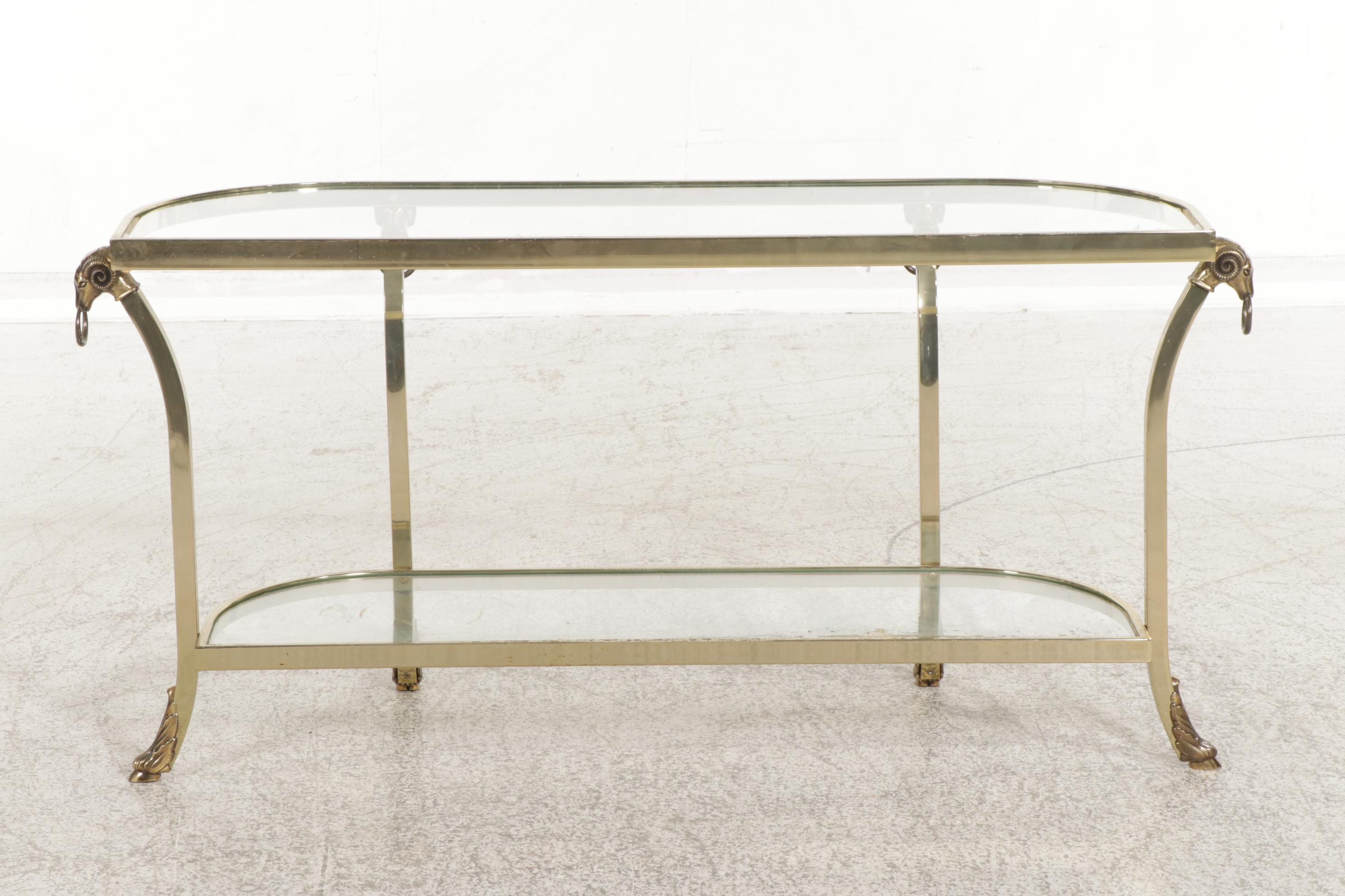 Brass Finished Metal and Glass Hall Table with Ram's Head Decorations