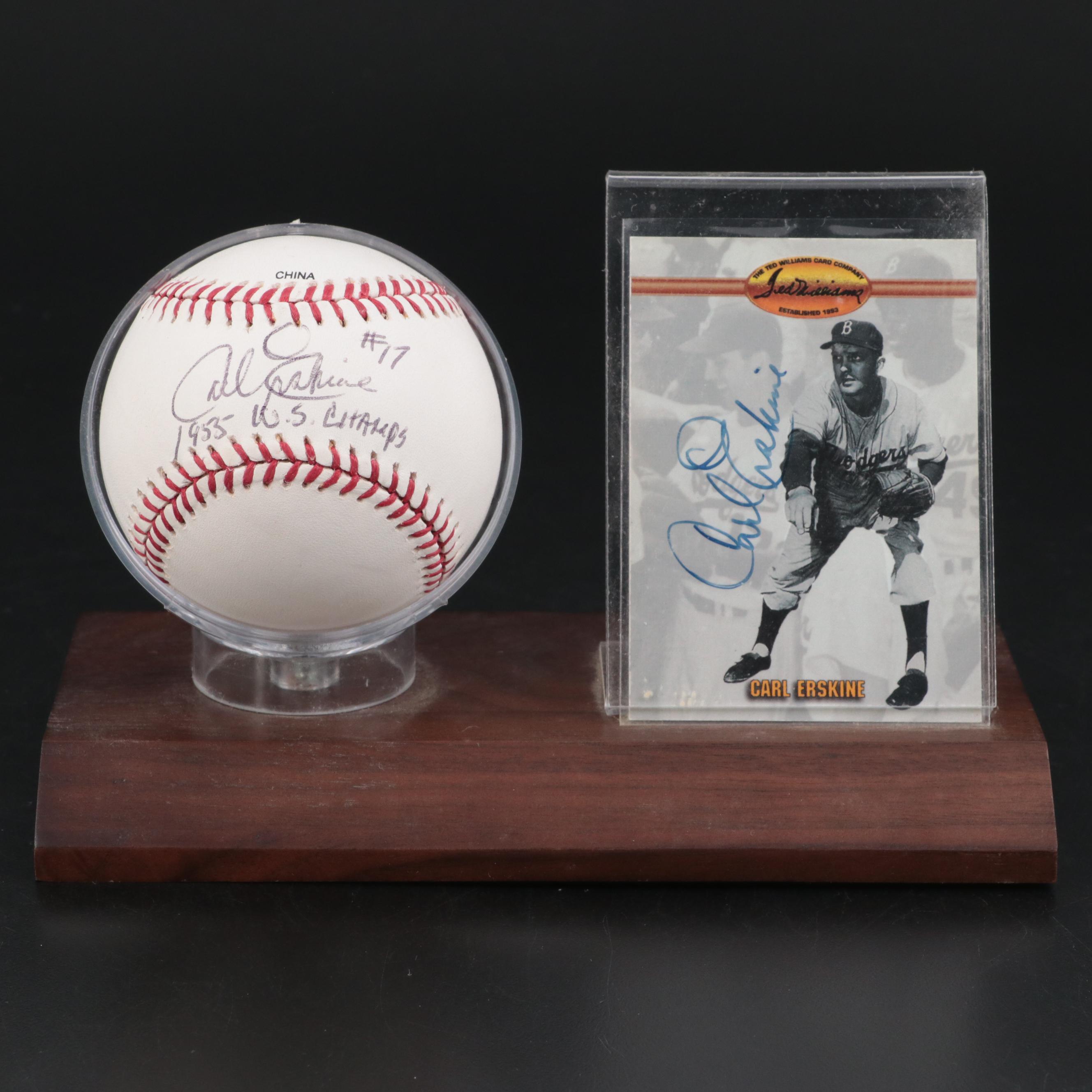 Carl Erksine Dodgers Signed "1953 W.S. Champs" Baseball and Signed Baseball Card
