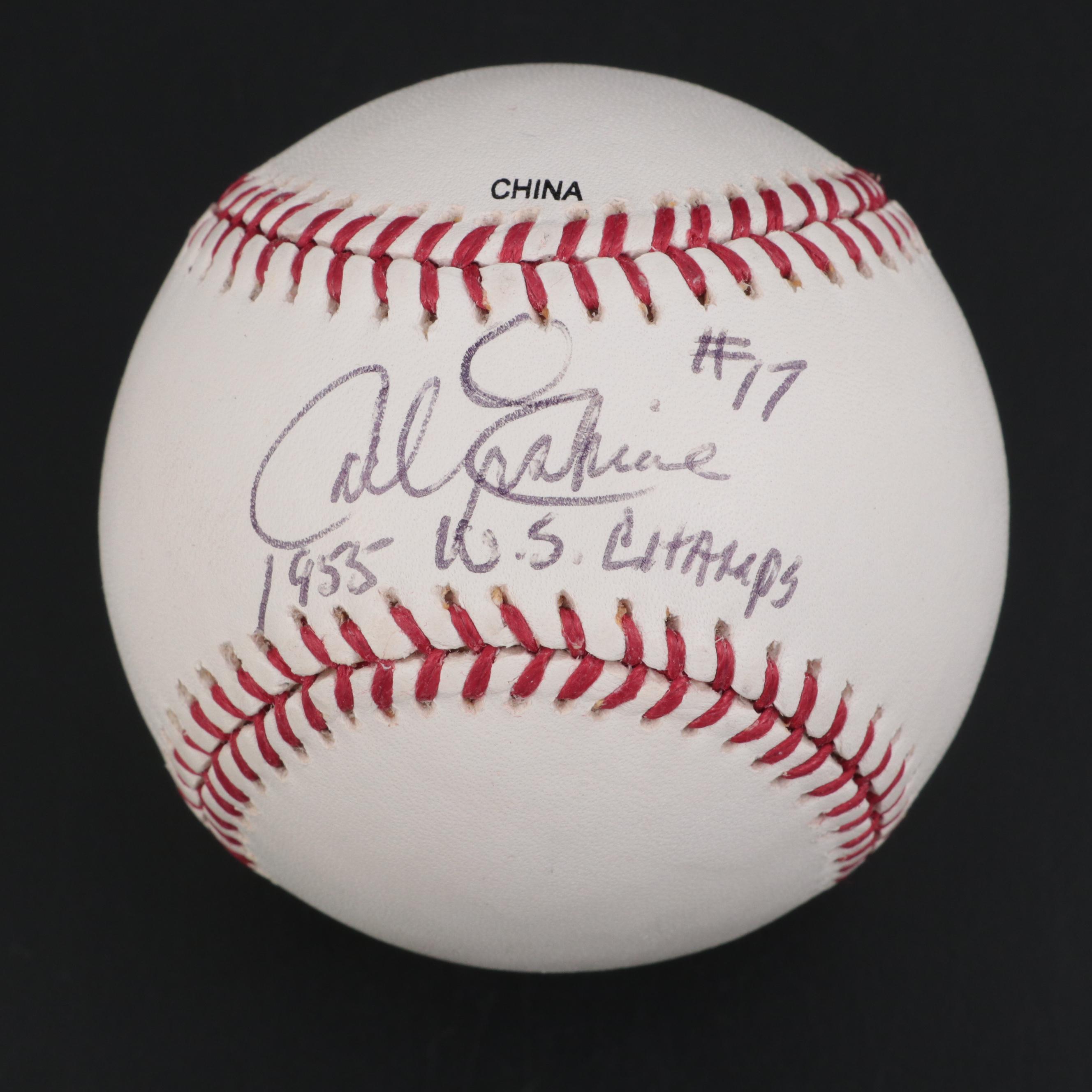 Carl Erksine Dodgers Signed "1953 W.S. Champs" Baseball and Signed Baseball Card