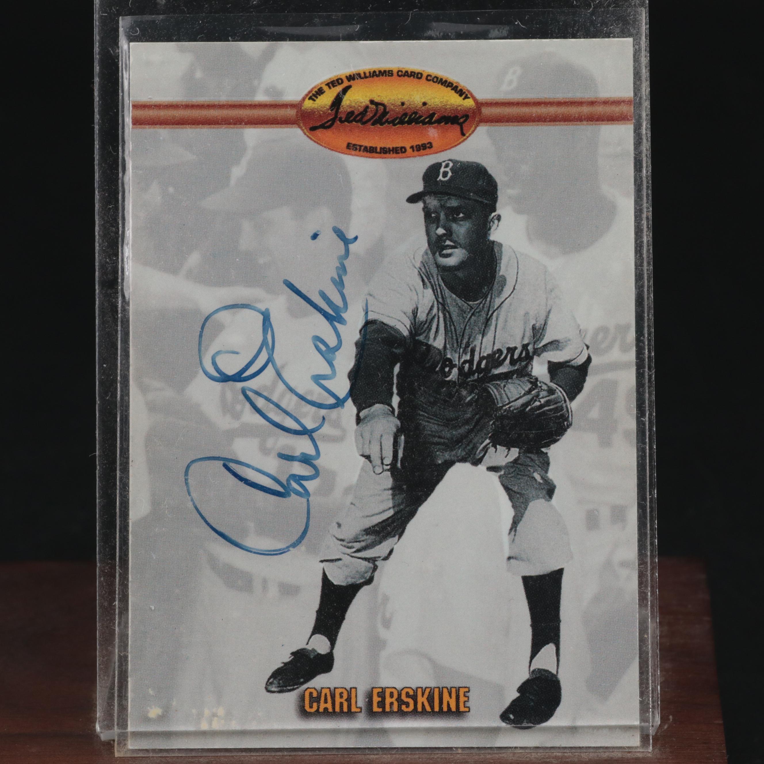 Carl Erksine Dodgers Signed "1953 W.S. Champs" Baseball and Signed Baseball Card