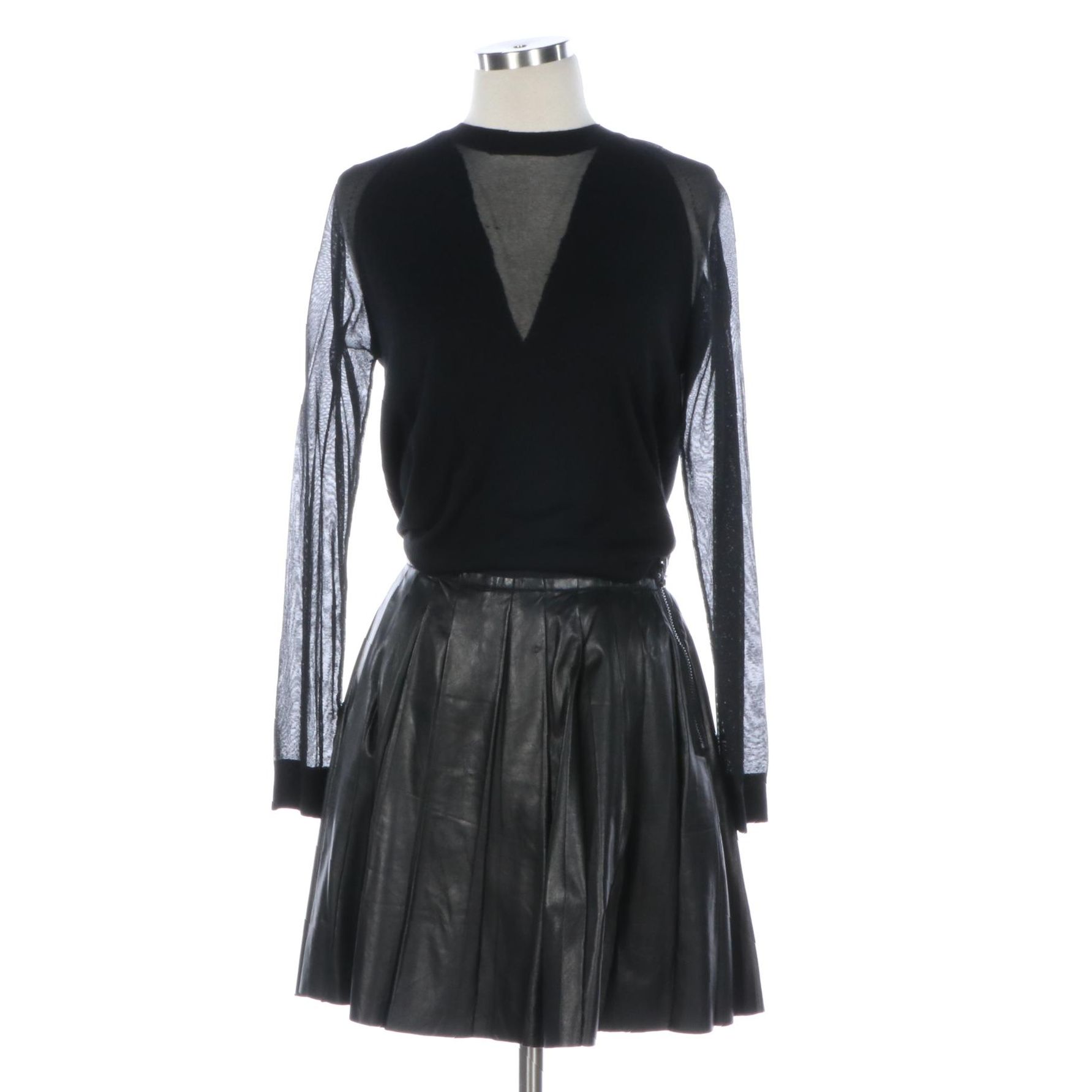 3.1 Phillip Lim Pleated Leather Skirt and Crewneck Sweater with Sheer Sleeves