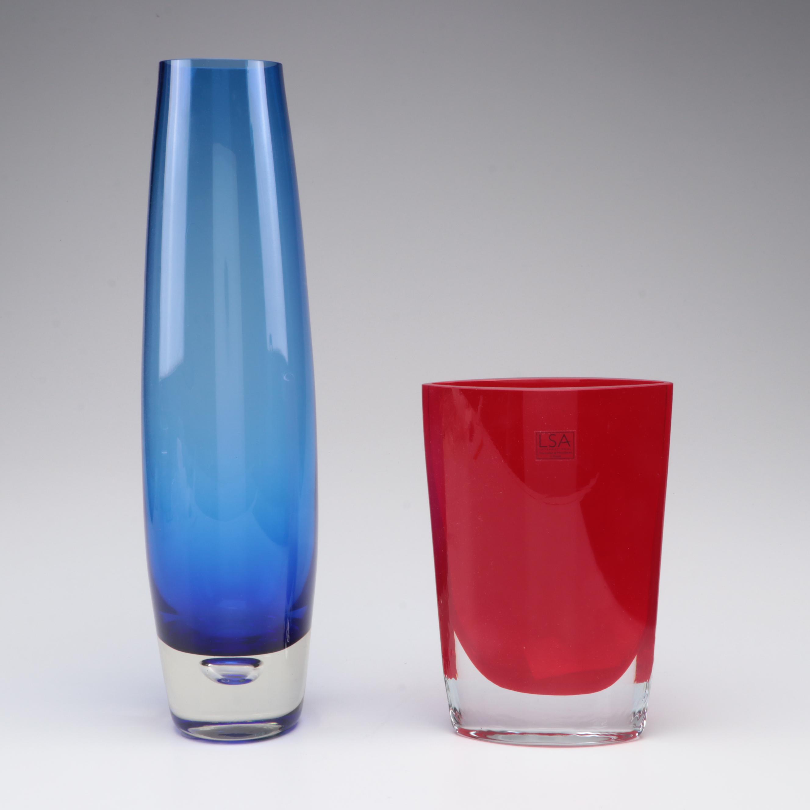 Polish LSA Handcrafted Red Glass Vase With Blue Bud Vase