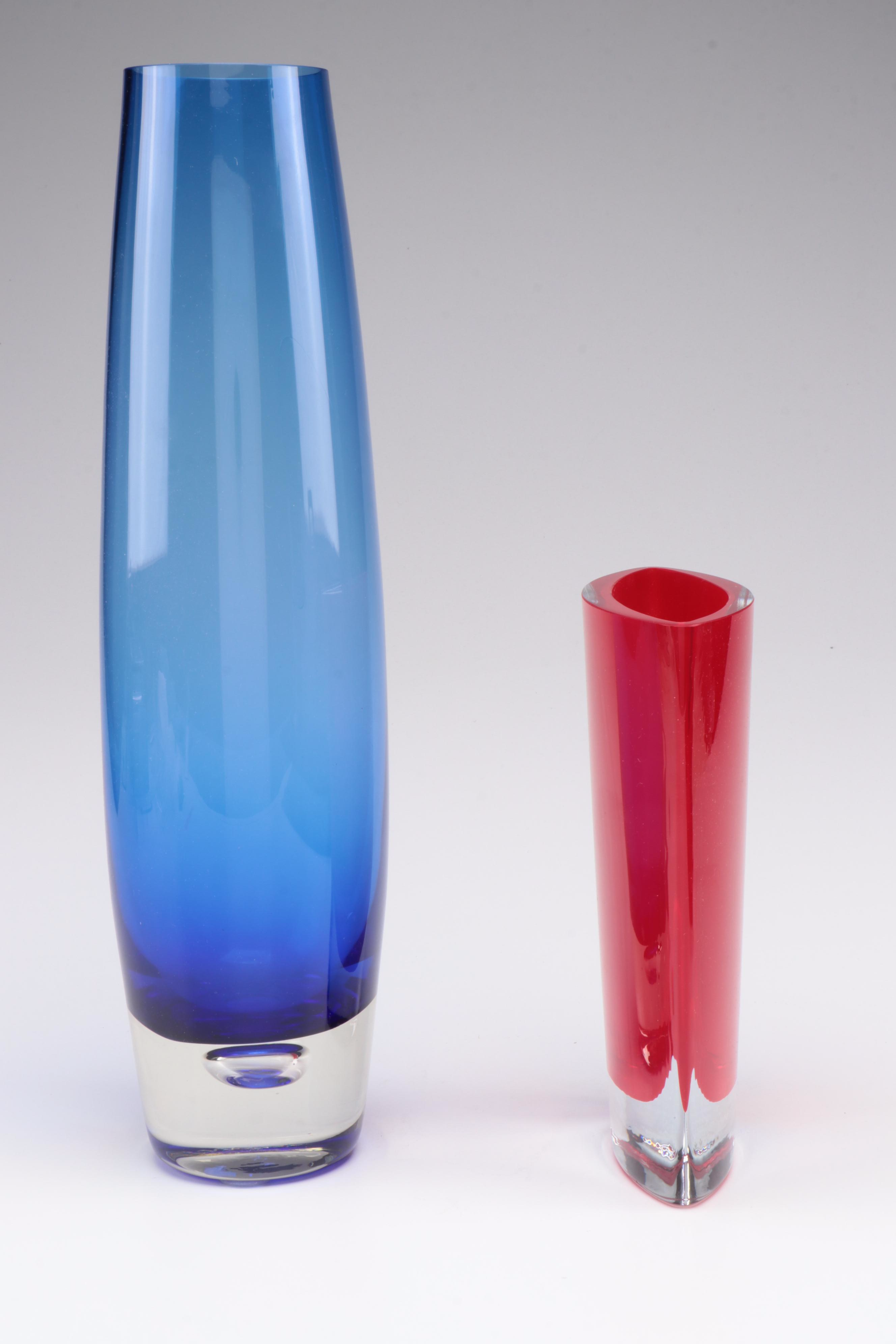 Polish LSA Handcrafted Red Glass Vase With Blue Bud Vase