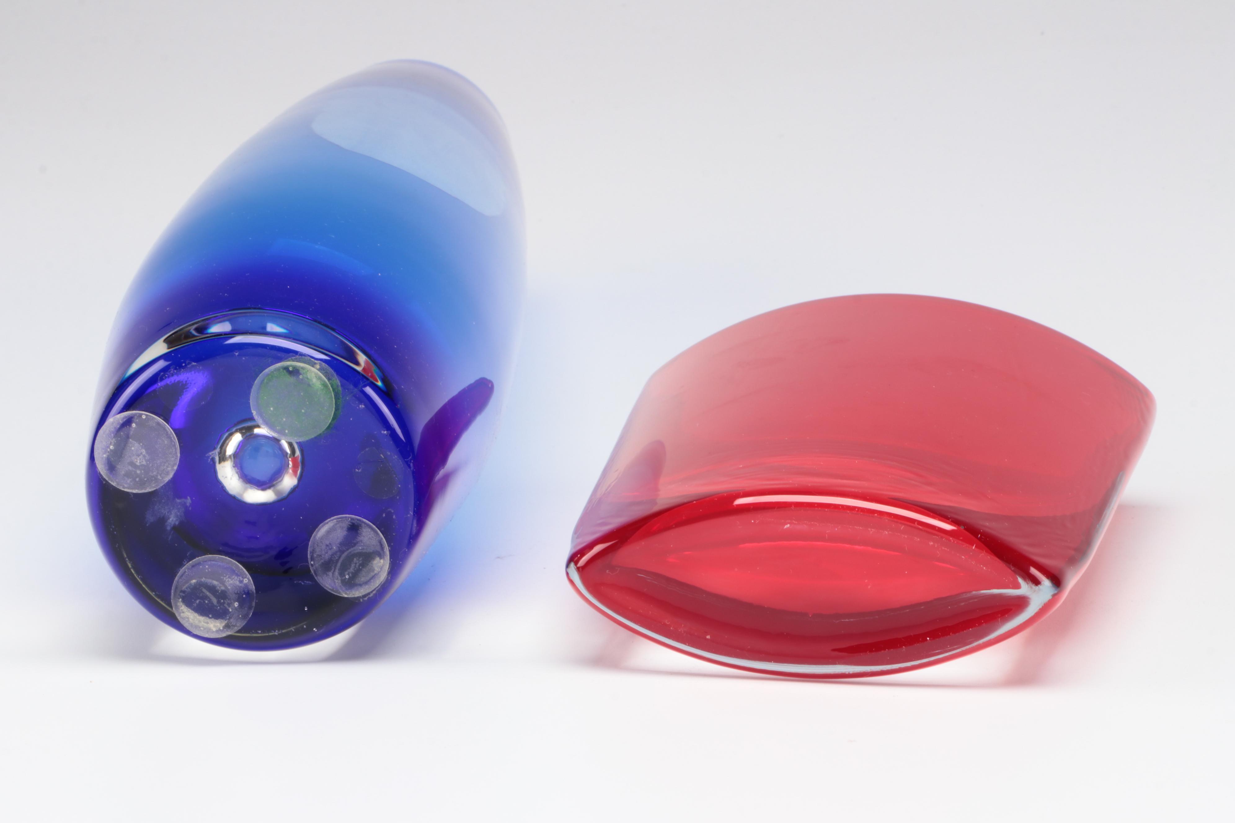 Polish LSA Handcrafted Red Glass Vase With Blue Bud Vase