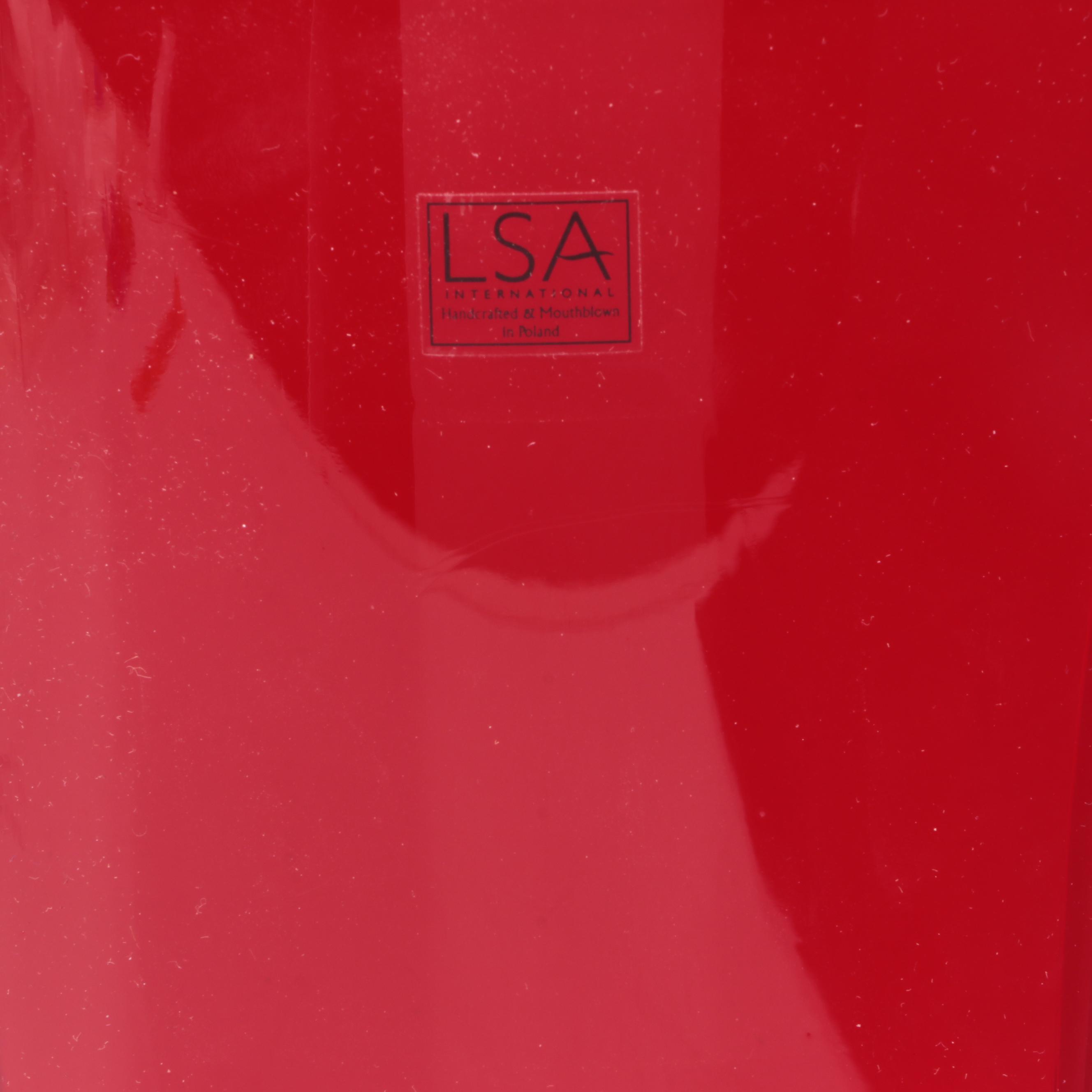 Polish LSA Handcrafted Red Glass Vase With Blue Bud Vase