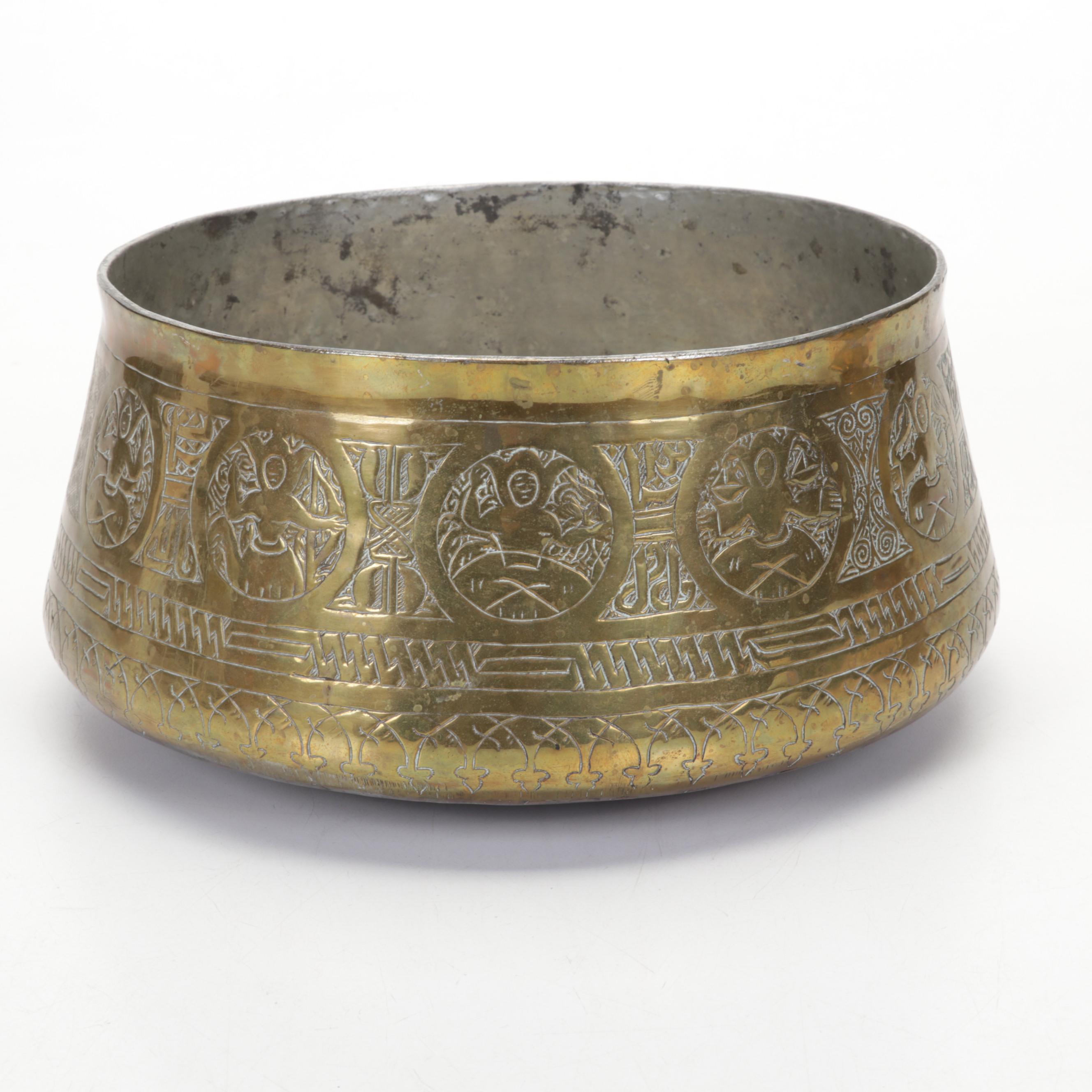 Middle Eastern Hammered and Etched Copper and Brass Bowl and Figural Spout Ewer