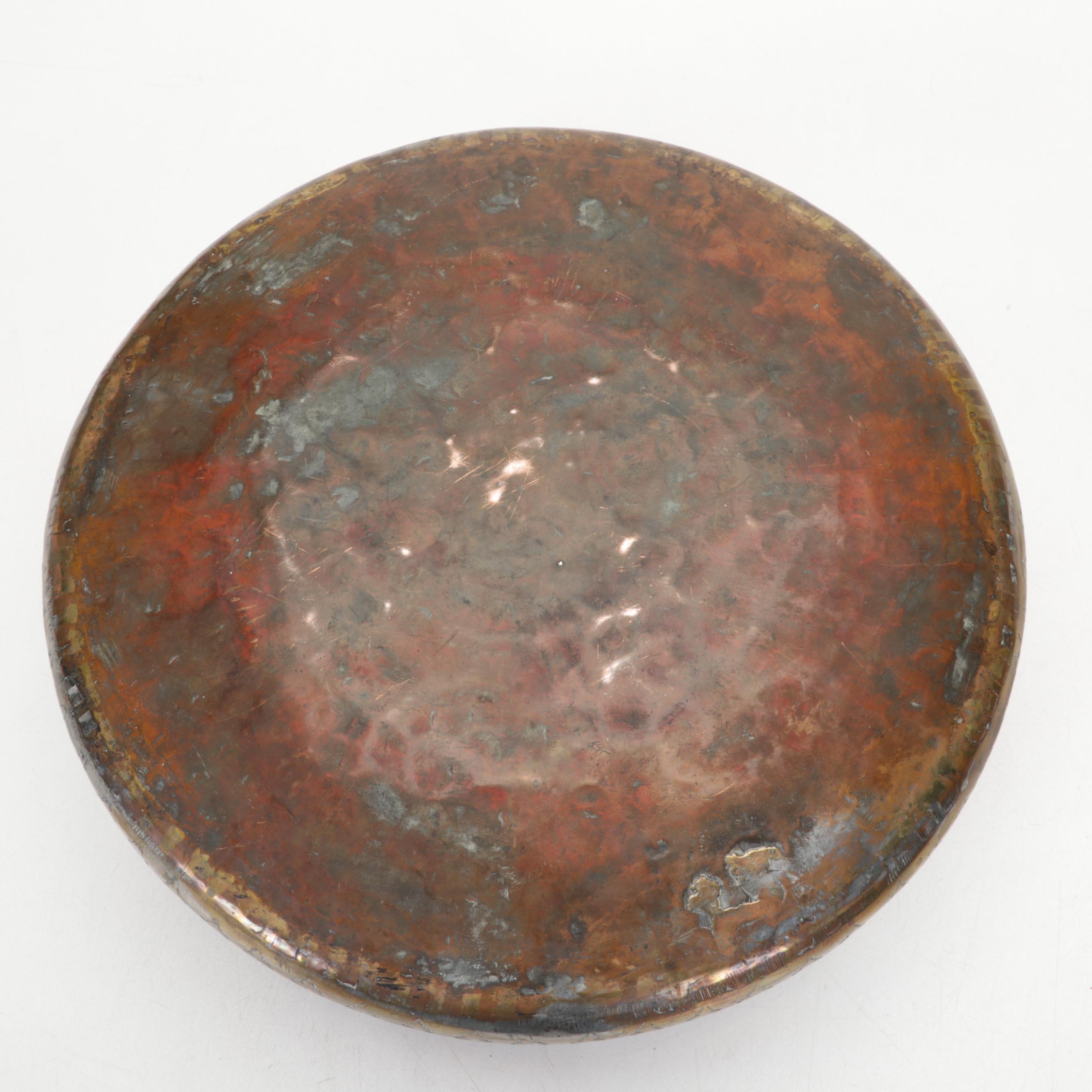 Middle Eastern Hammered and Etched Copper and Brass Bowl and Figural Spout Ewer