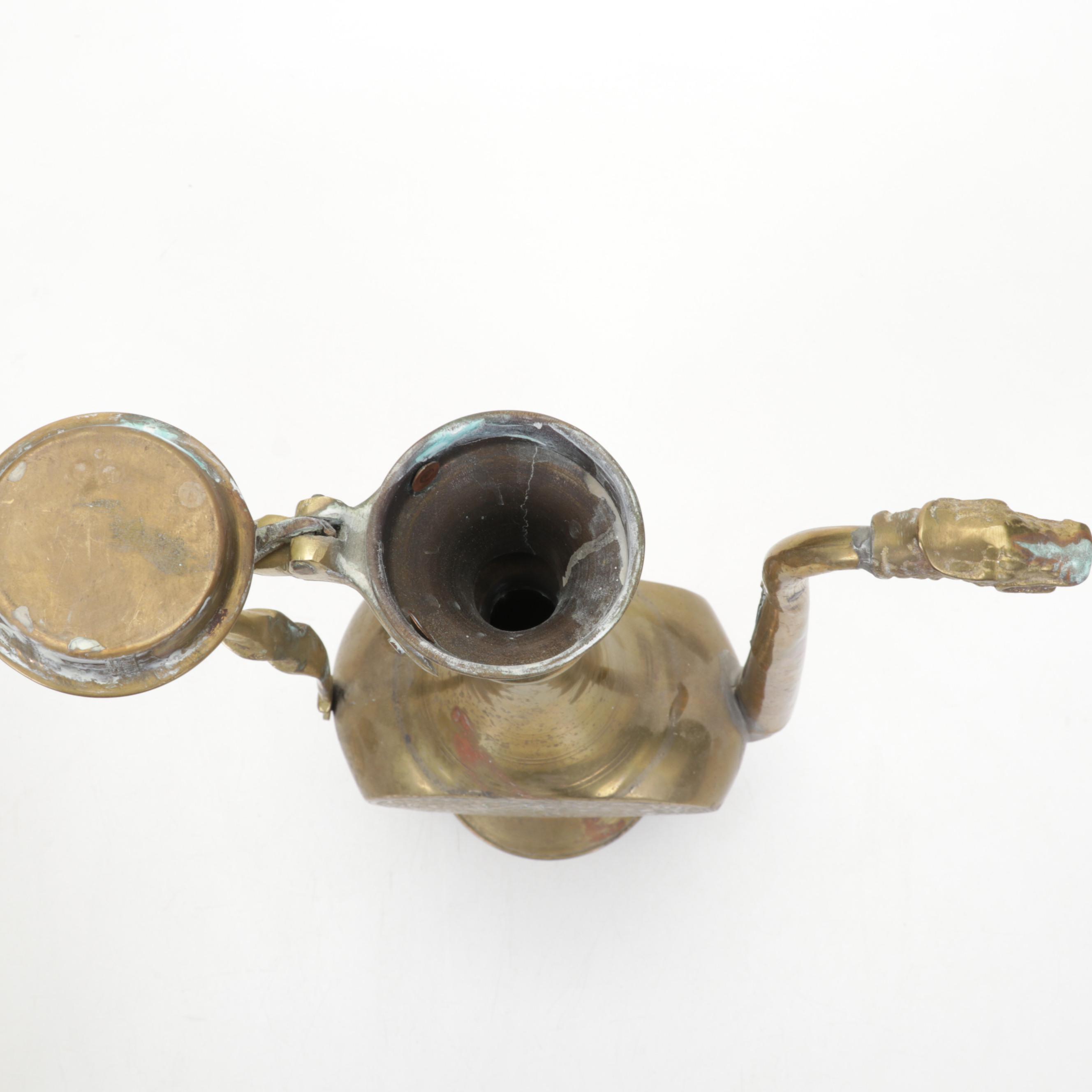 Middle Eastern Hammered and Etched Copper and Brass Bowl and Figural Spout Ewer