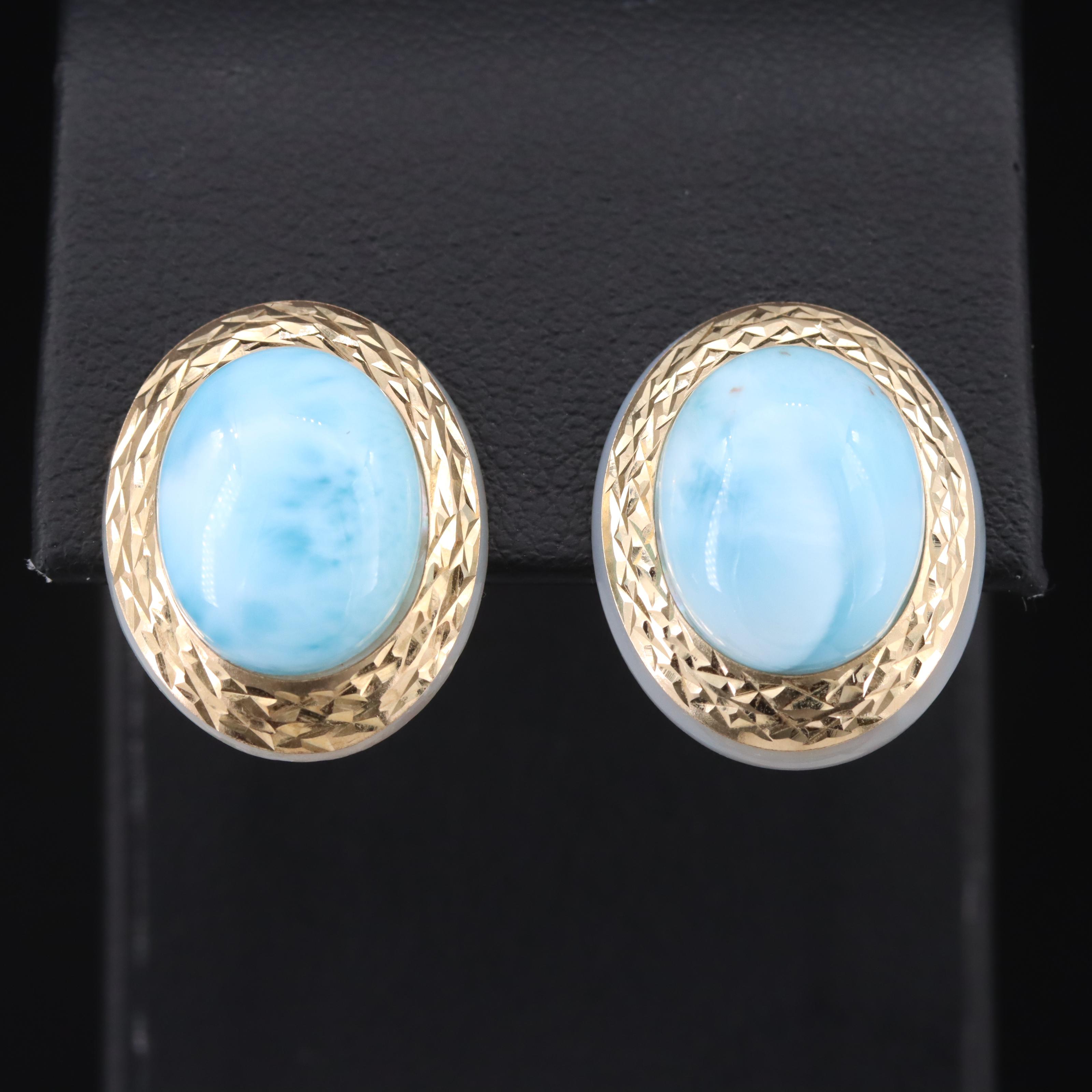 14K Larimar and Mother-of-Pearl Oval Earrings