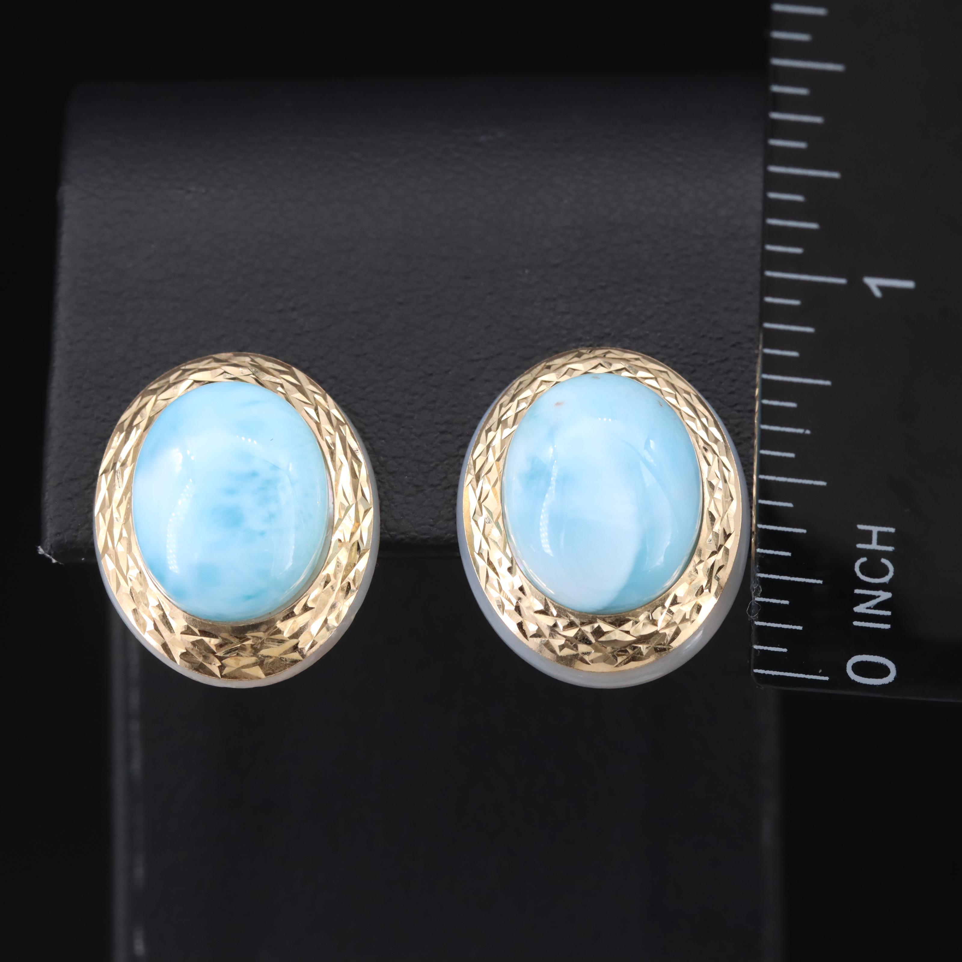 14K Larimar and Mother-of-Pearl Oval Earrings