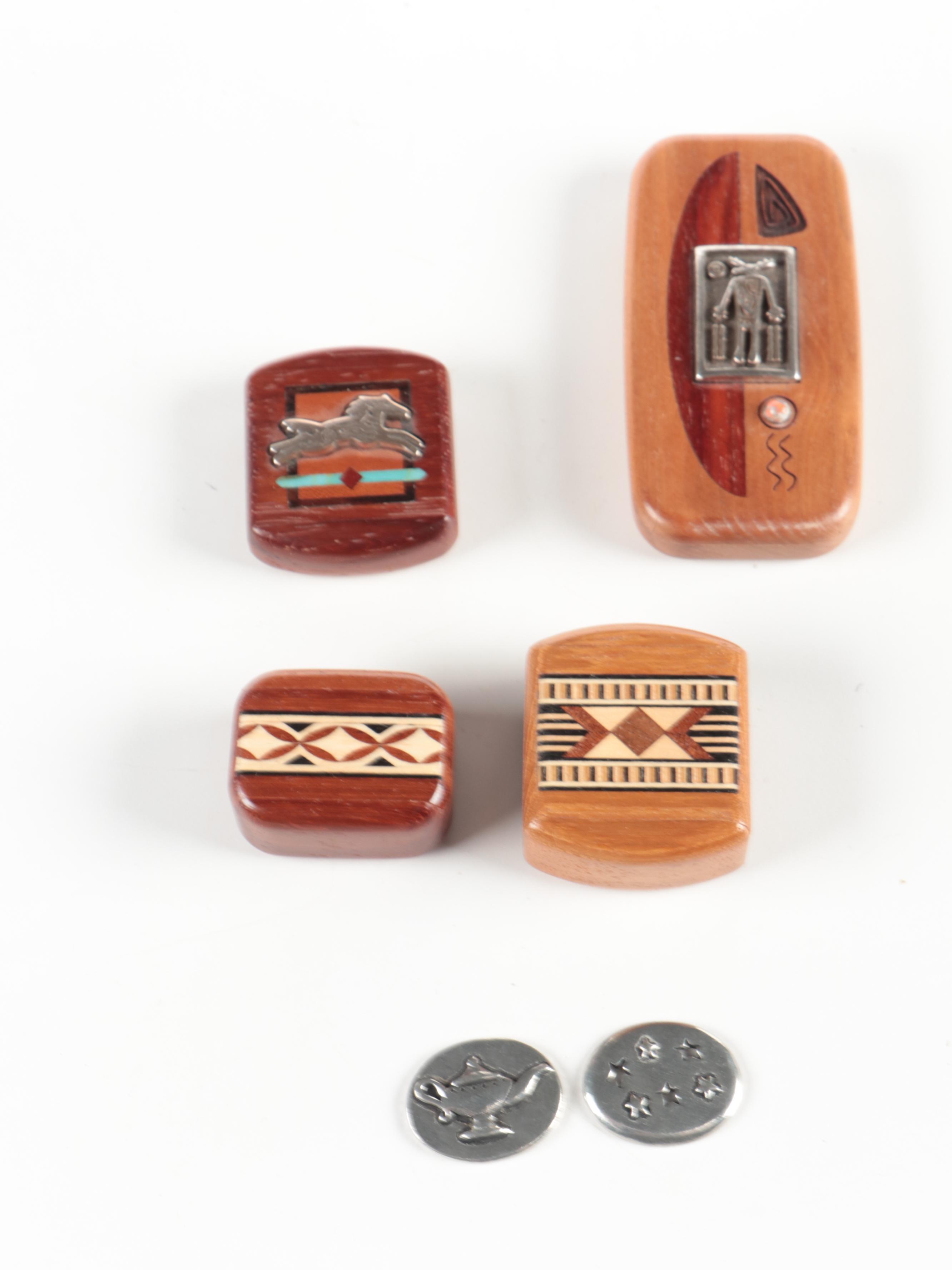 Handmade Southwestern Style Wooden Trinket Boxes, Tokens, German Olympic Coin