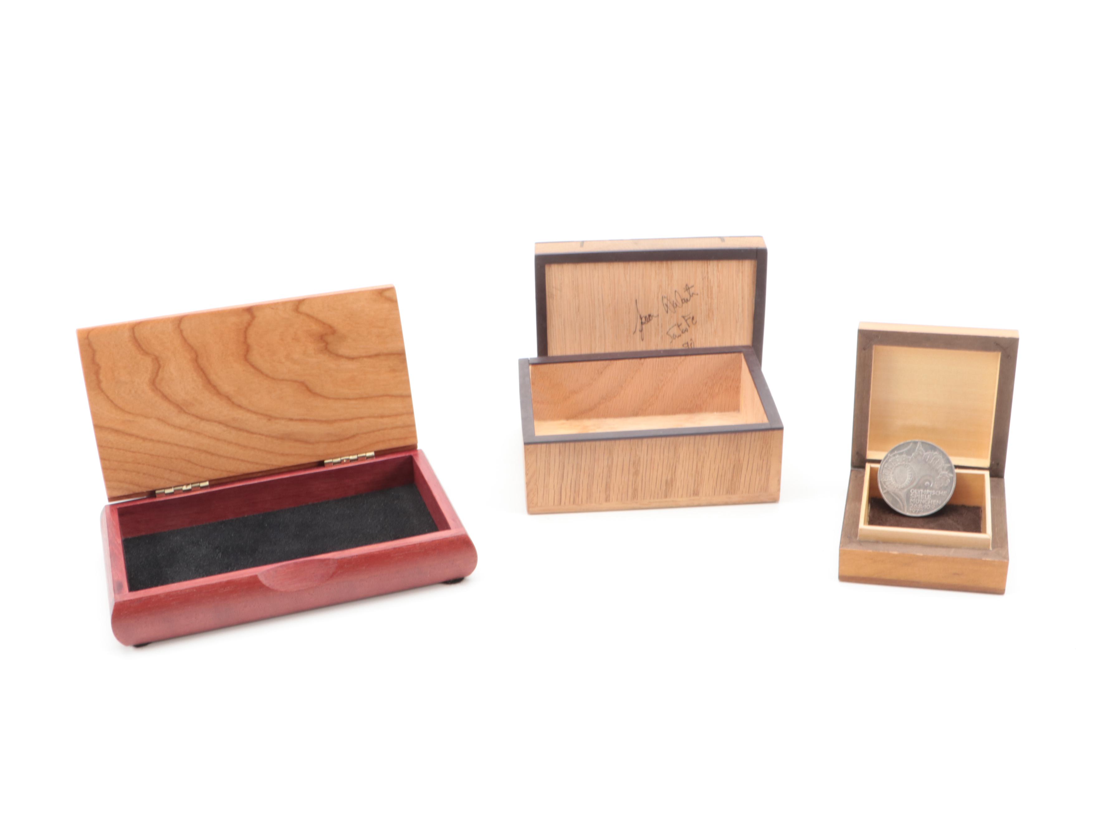 Handmade Southwestern Style Wooden Trinket Boxes, Tokens, German Olympic Coin