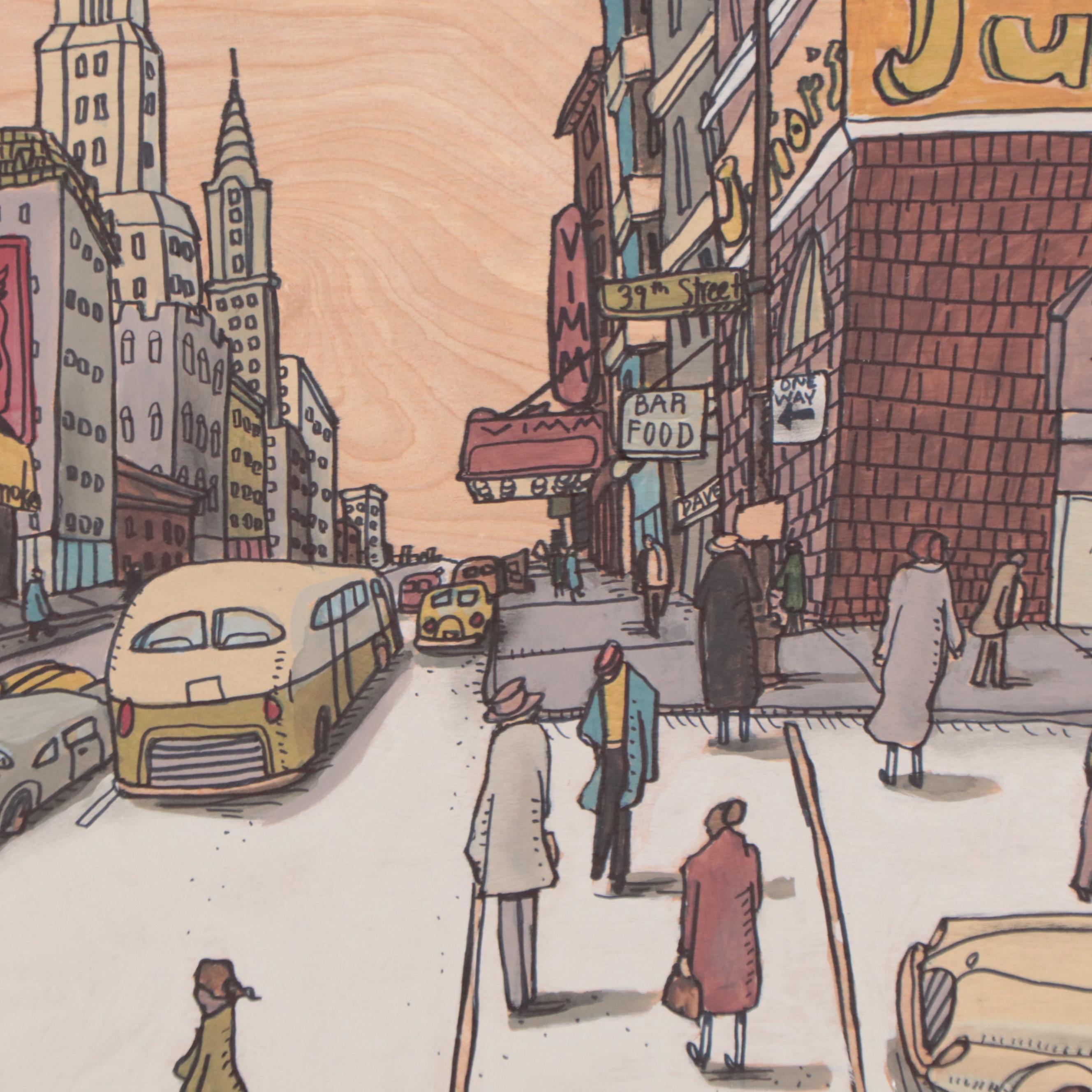 Aaron Wooten Acrylic and Ink Painting of Cityscape "Lexington Avenue," 2023