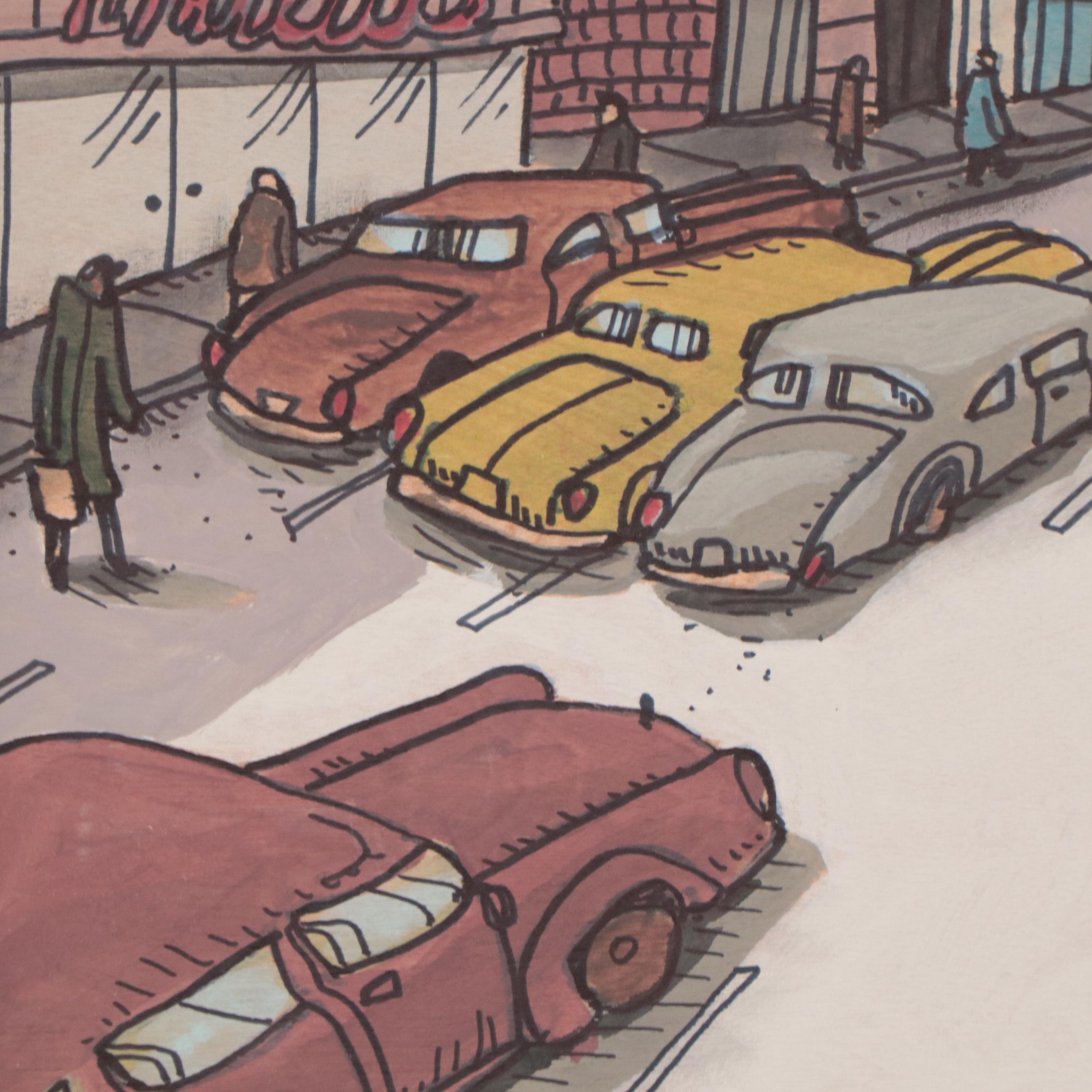 Aaron Wooten Acrylic and Ink Painting of Cityscape "Lexington Avenue," 2023