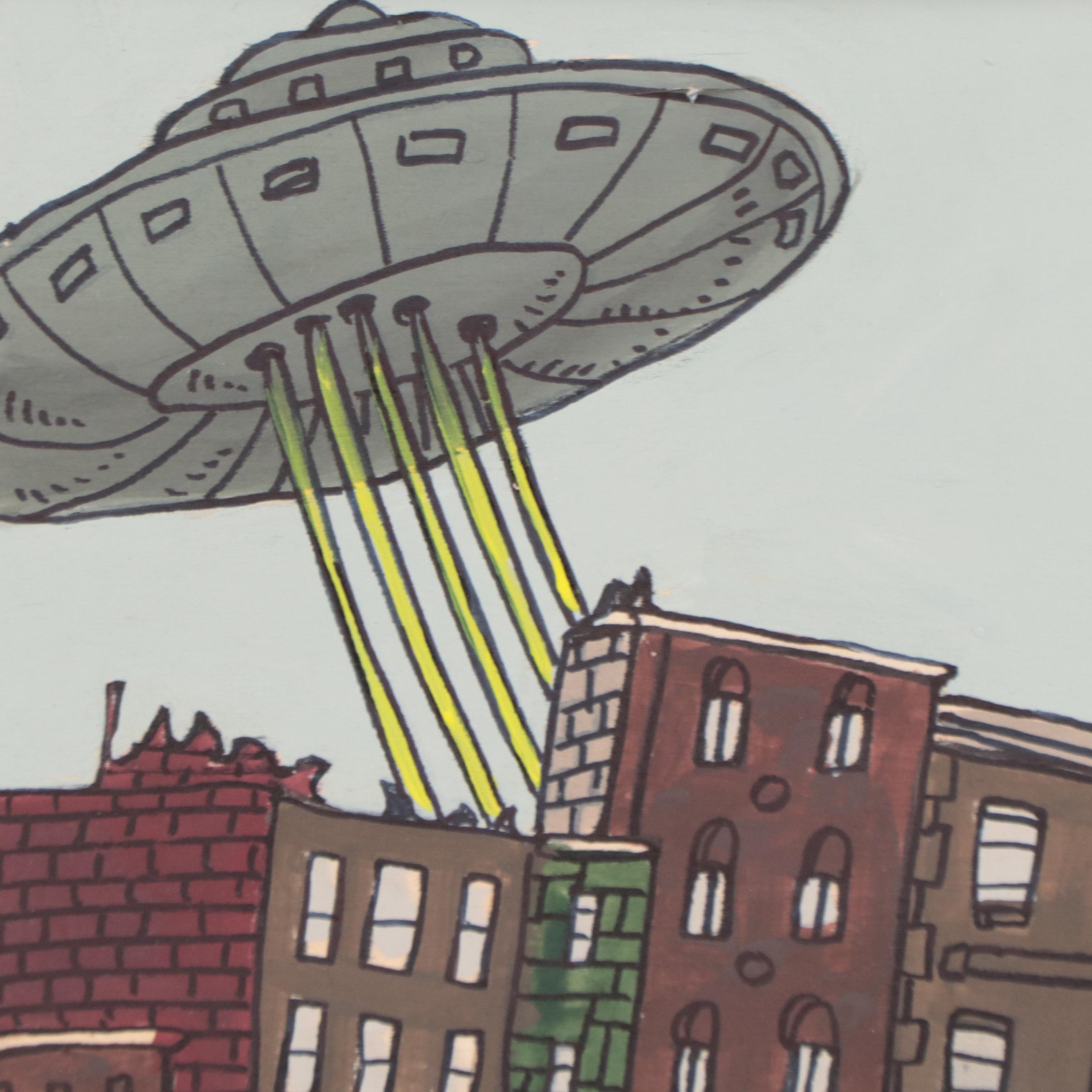 Aaron Wooten Acrylic and Ink Painting of Cityscape "Neptunian Attack #2," 2023