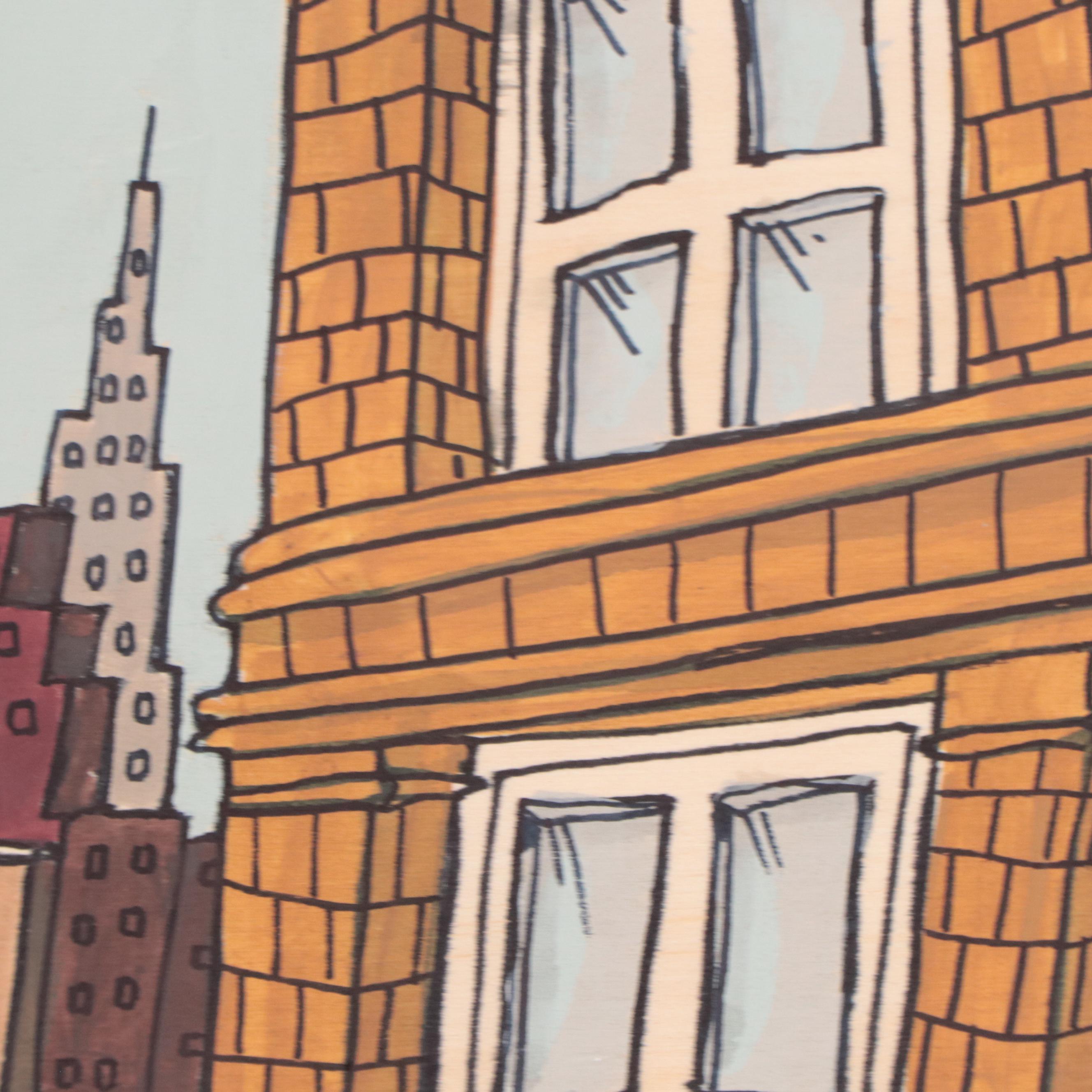 Aaron Wooten Acrylic and Ink Painting of Cityscape "Neptunian Attack #2," 2023