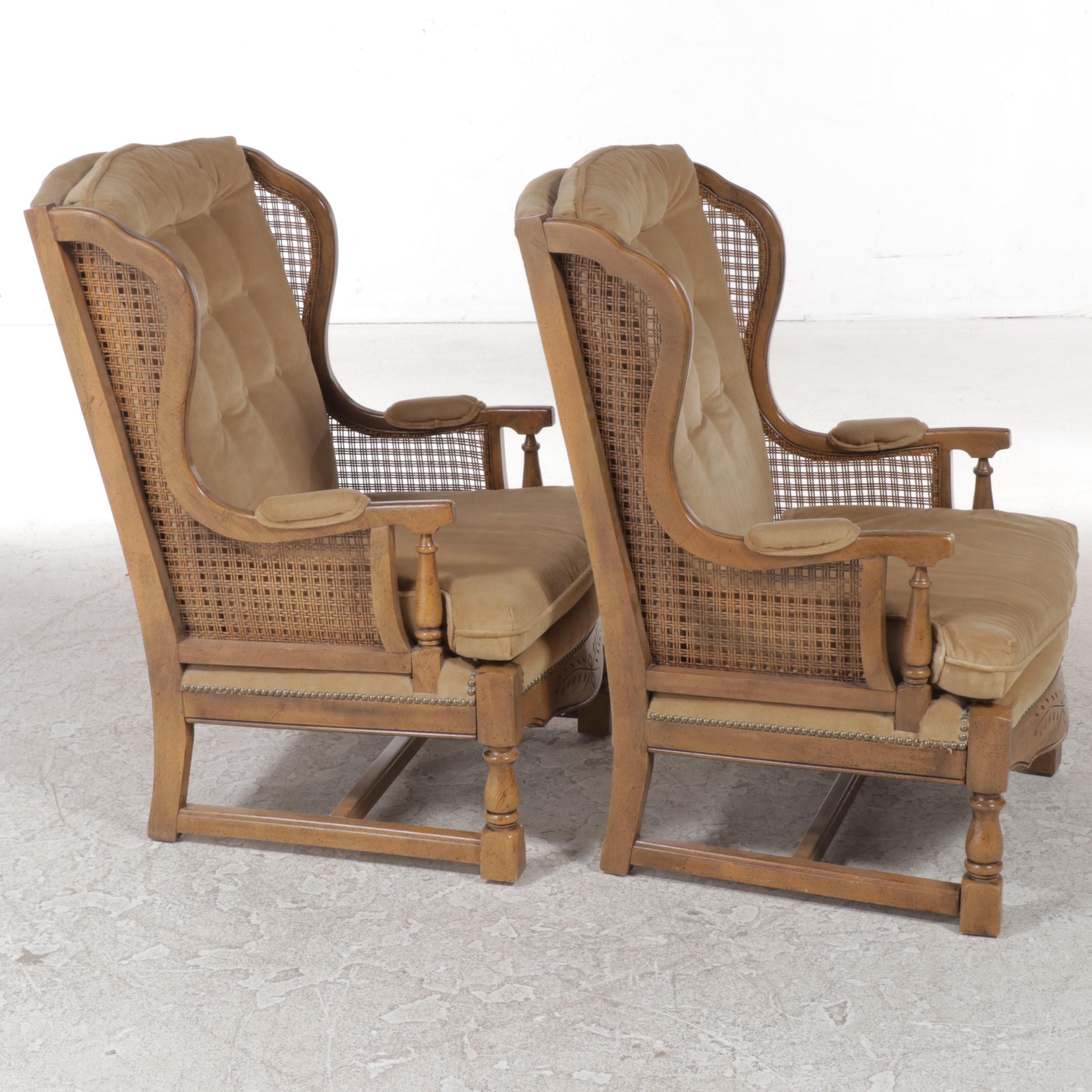 Pair of Fairfield Buttoned-Down and Caned Wingback Armchairs, Late 20th Century