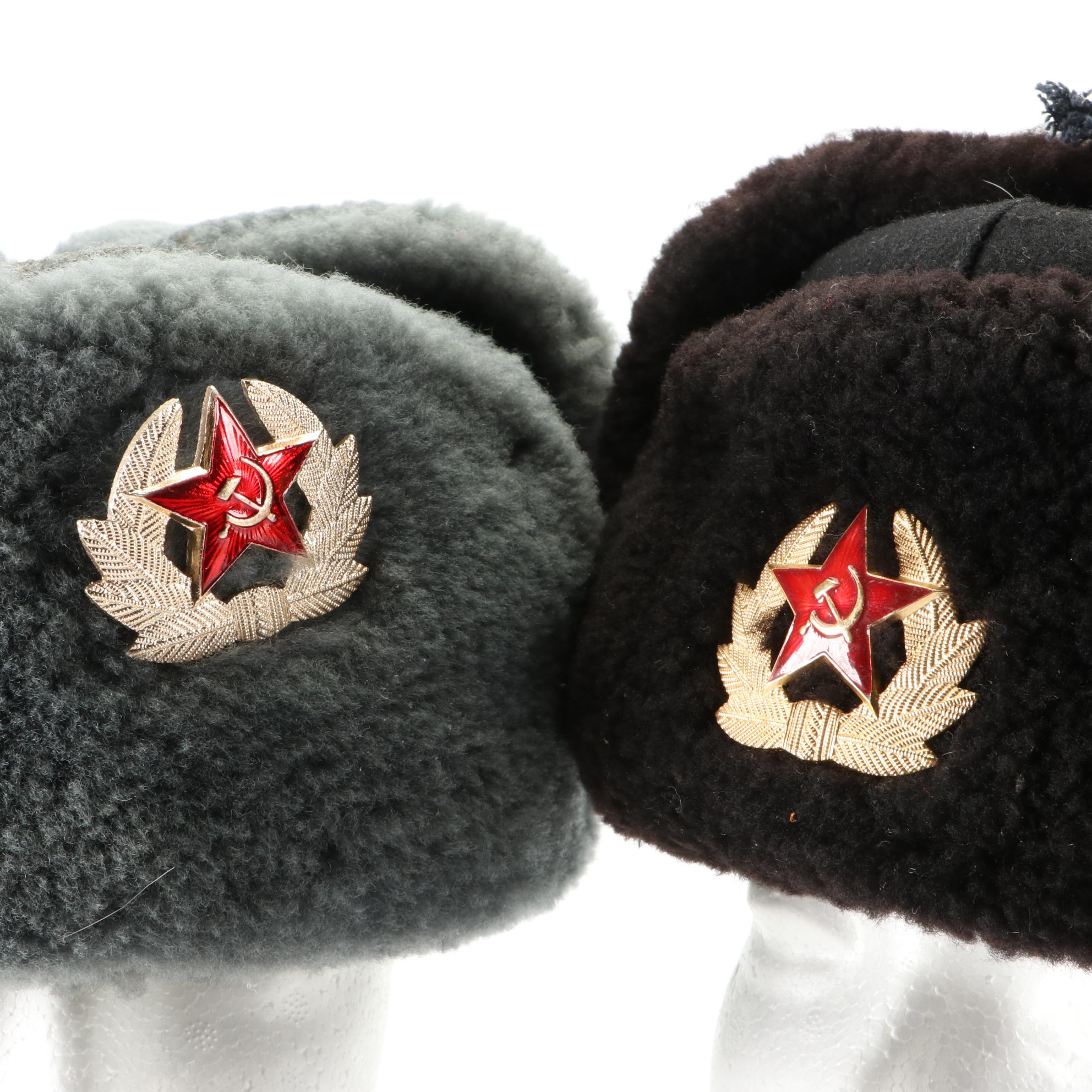 Ushanka Hats with Soviet Hammer and Sickle Medallions