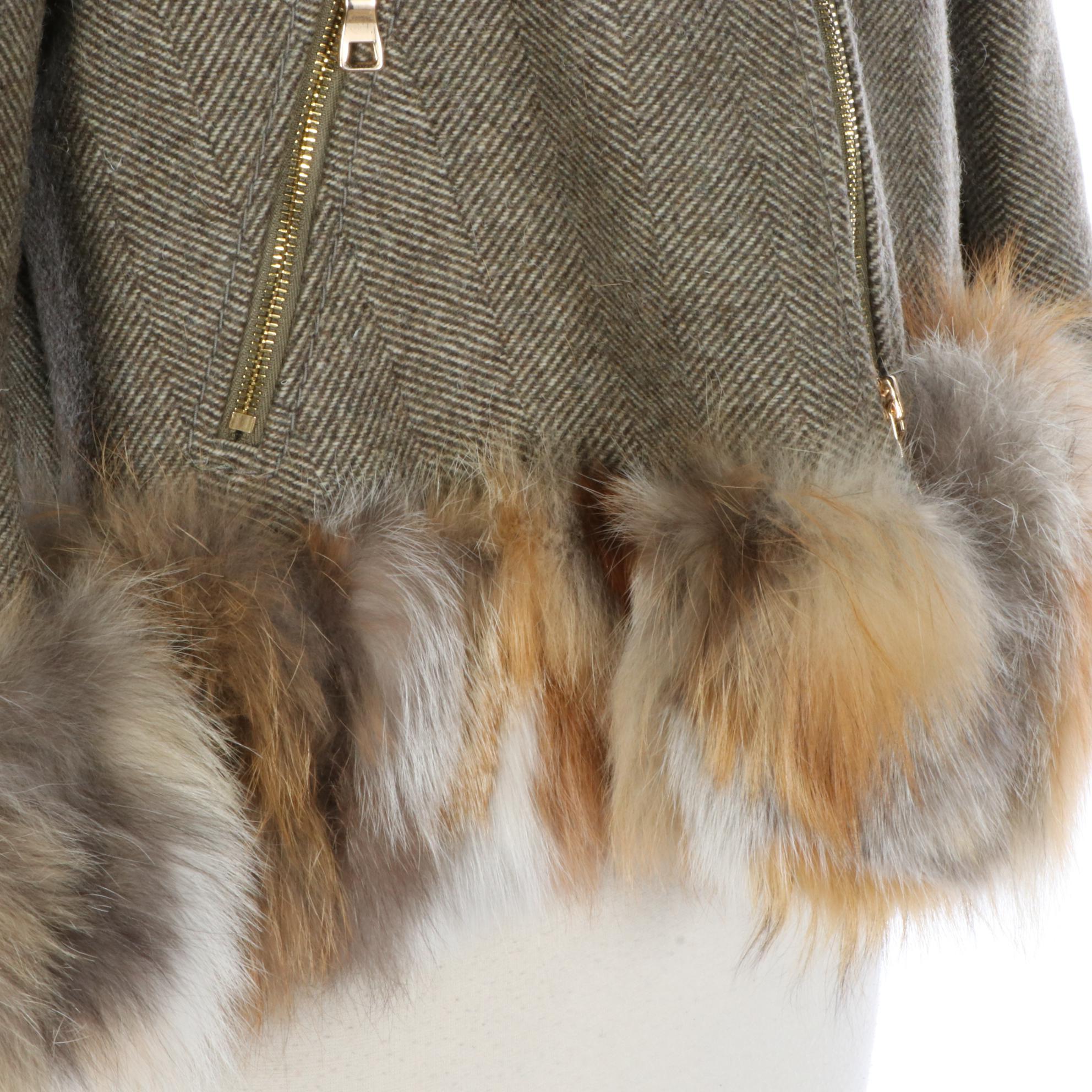 Moschino Cheap and Chic Jacket in Herringbone with Fox Fur Trim