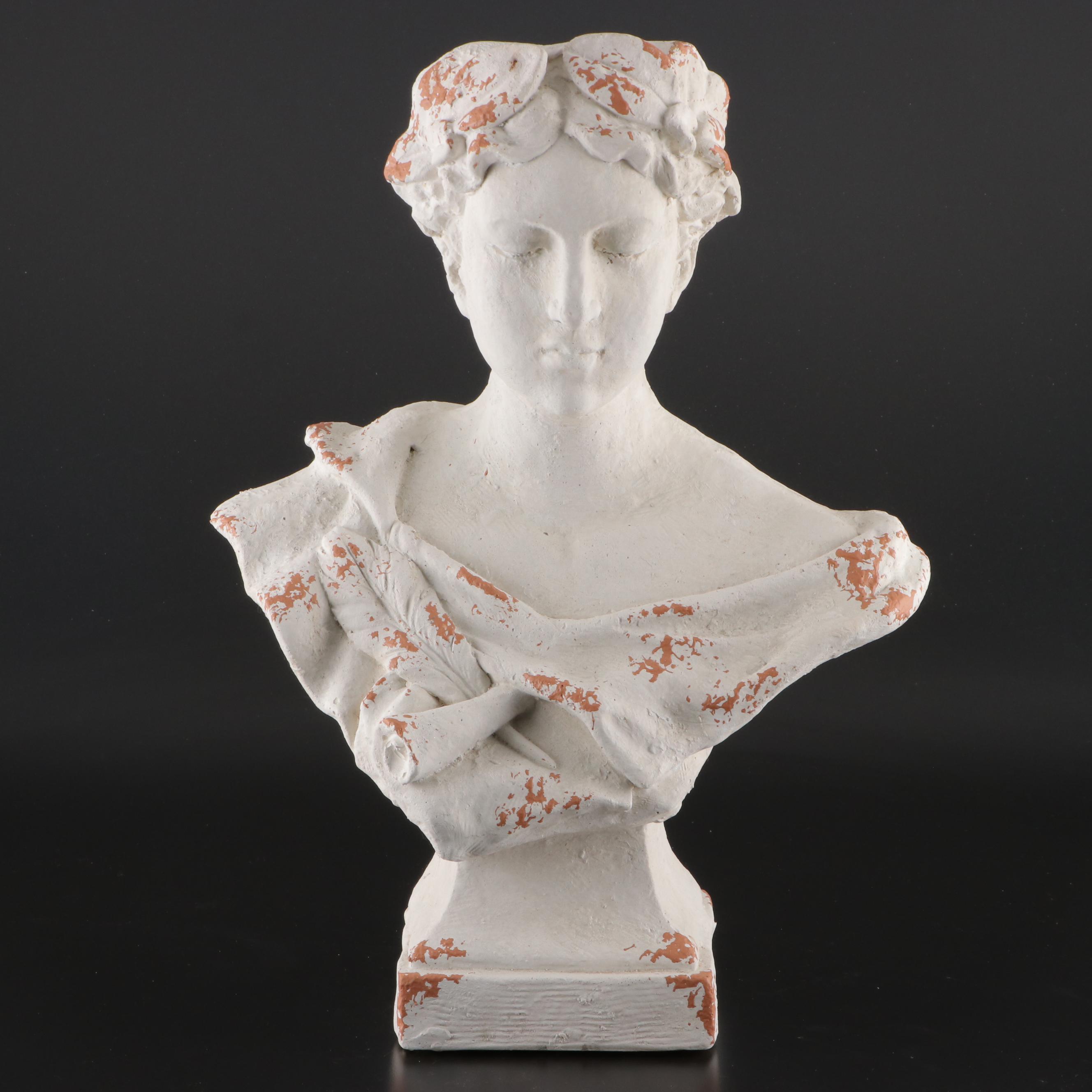 Neoclassical Style Cast Plaster Bust Planter With Queen Head Planter