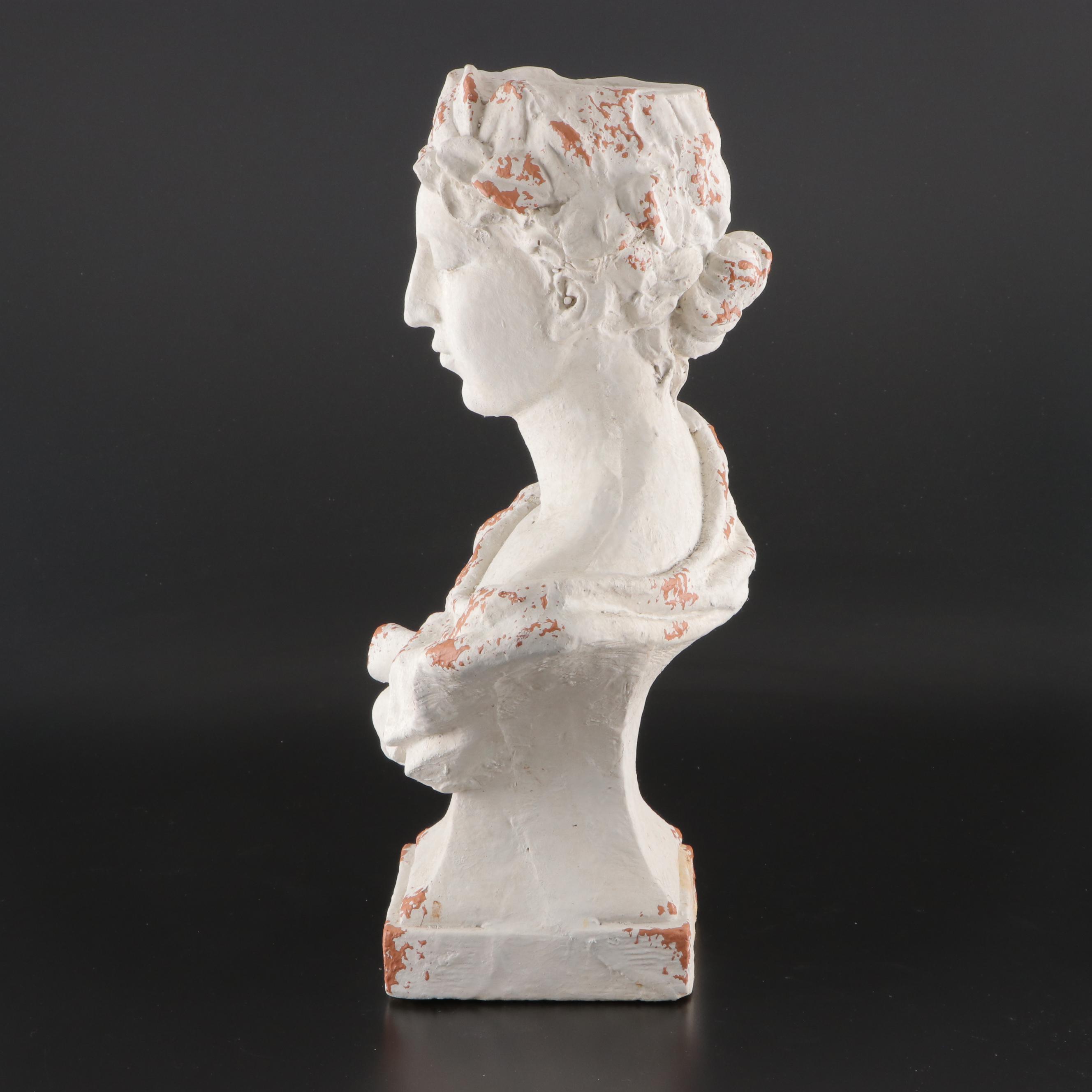 Neoclassical Style Cast Plaster Bust Planter With Queen Head Planter