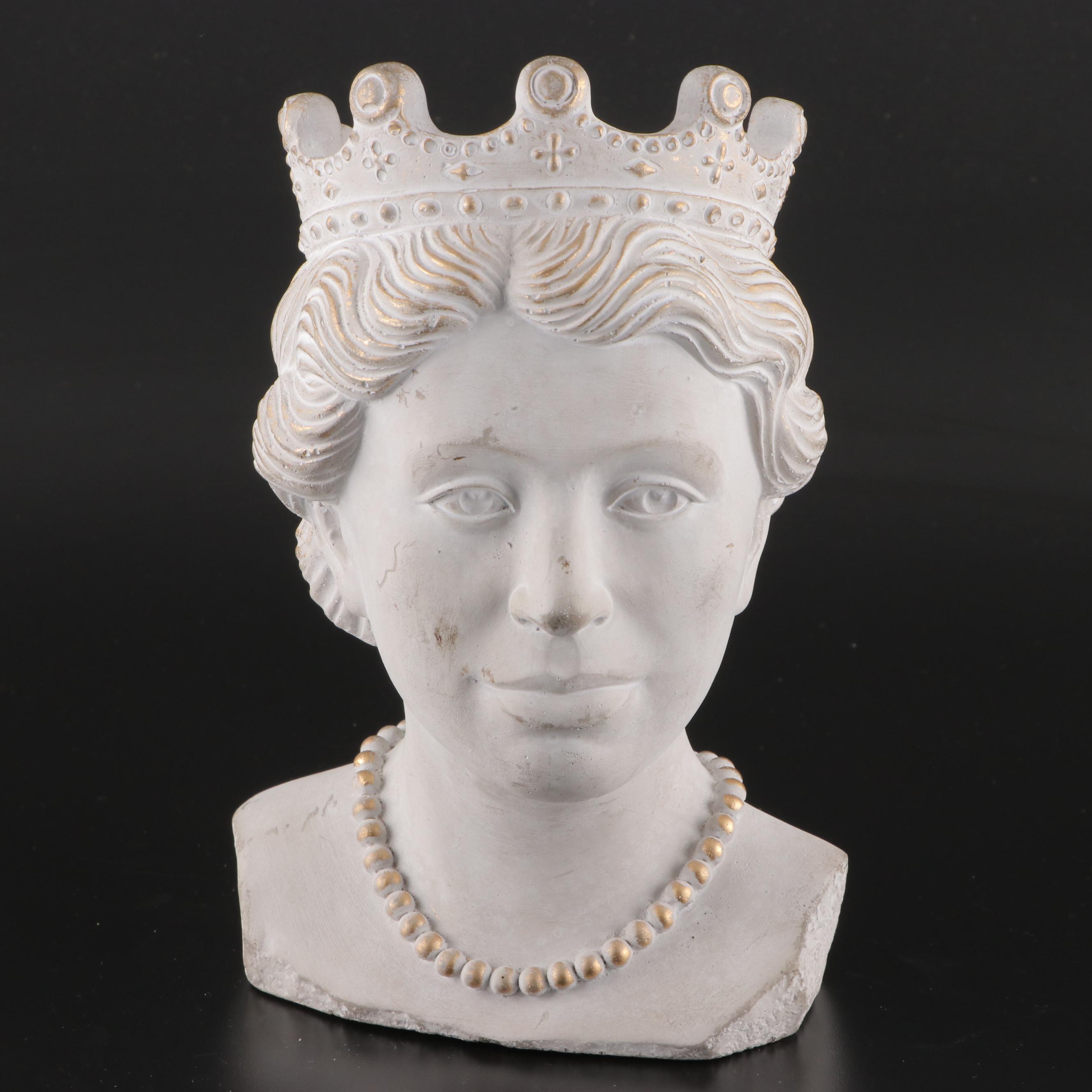Neoclassical Style Cast Plaster Bust Planter With Queen Head Planter