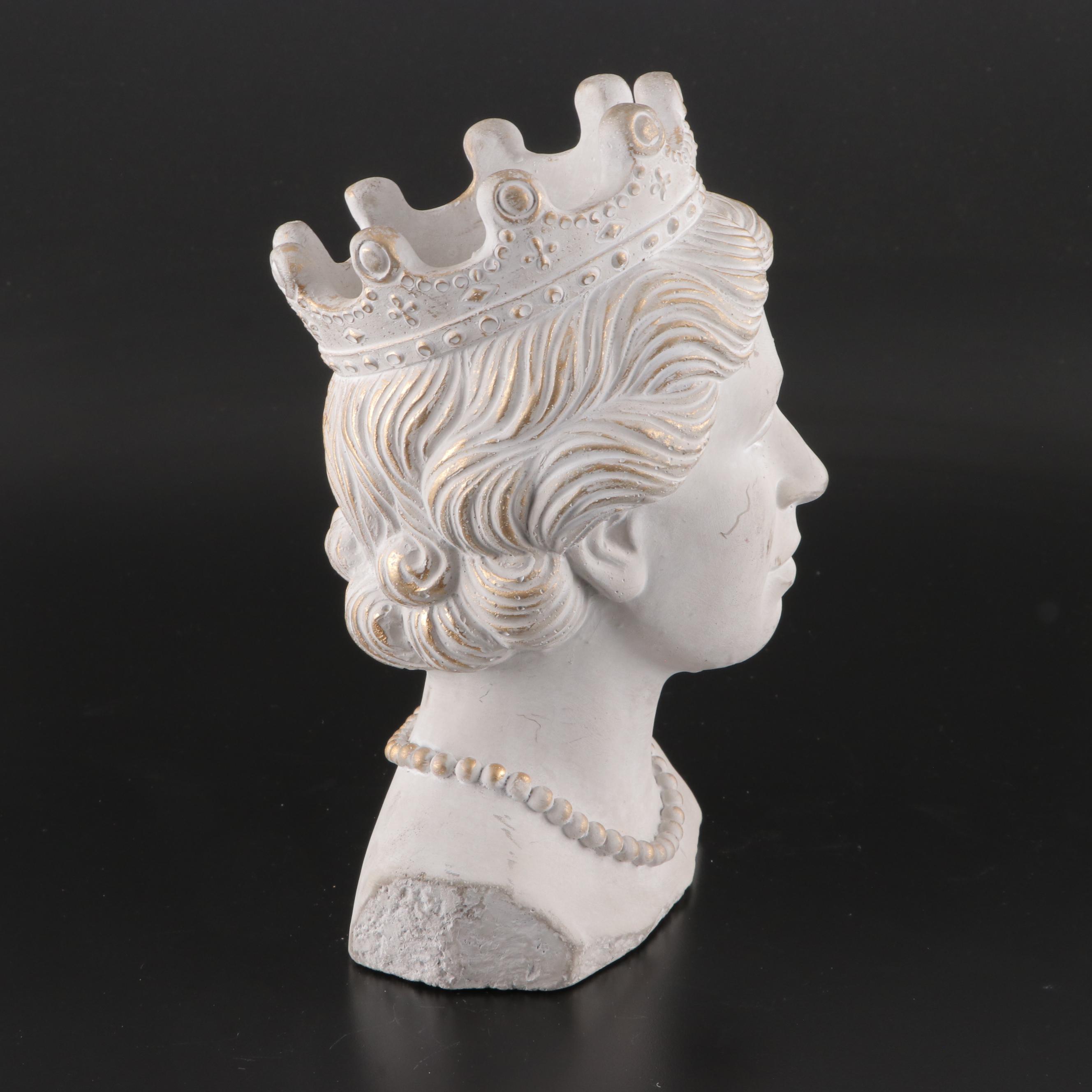 Neoclassical Style Cast Plaster Bust Planter With Queen Head Planter