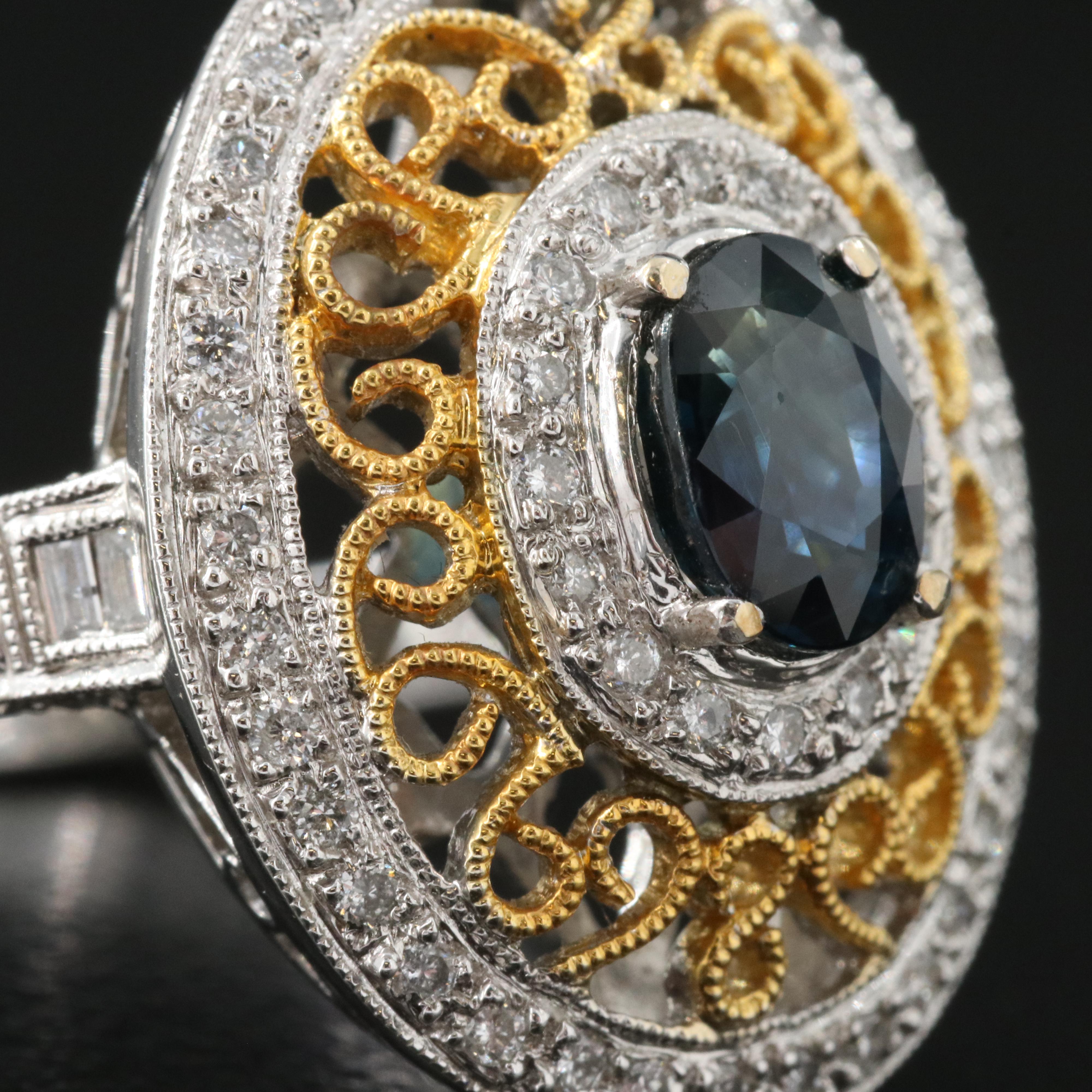 14K Two Tone 1.18 CT Sapphire and Diamond Ring