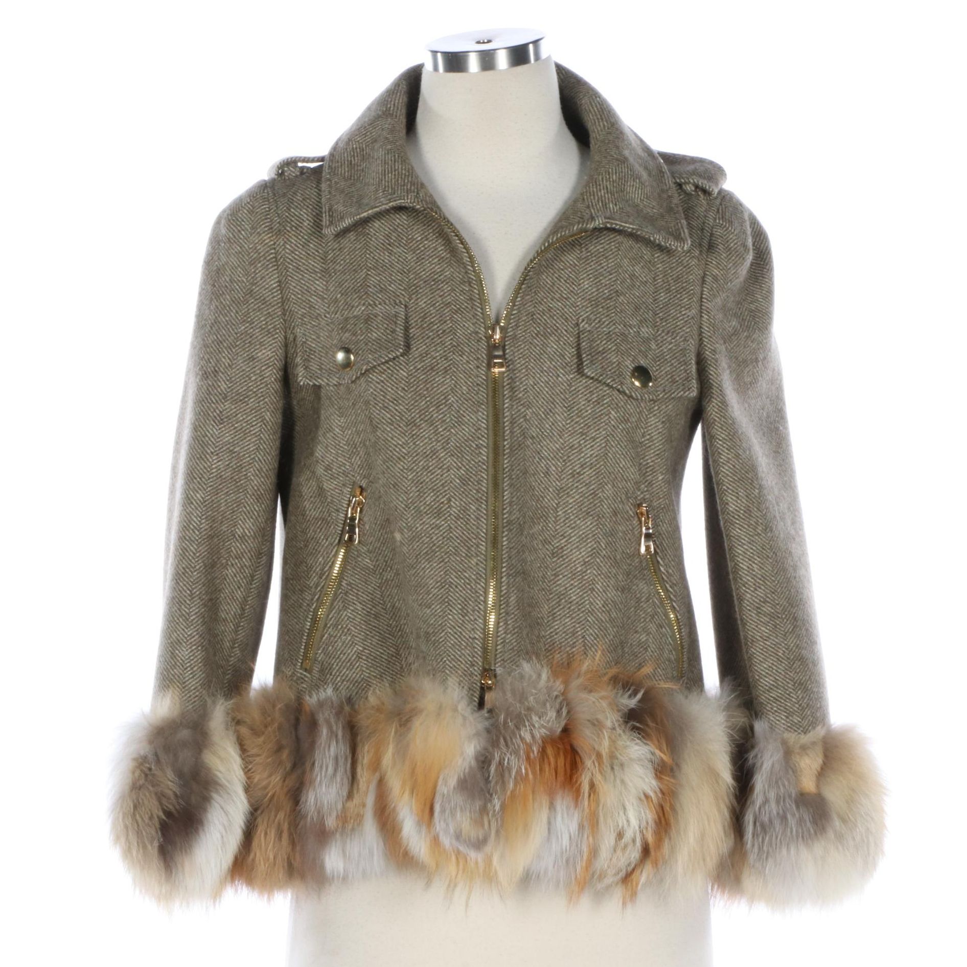 Moschino Cheap and Chic Jacket in Herringbone with Fox Fur Trim
