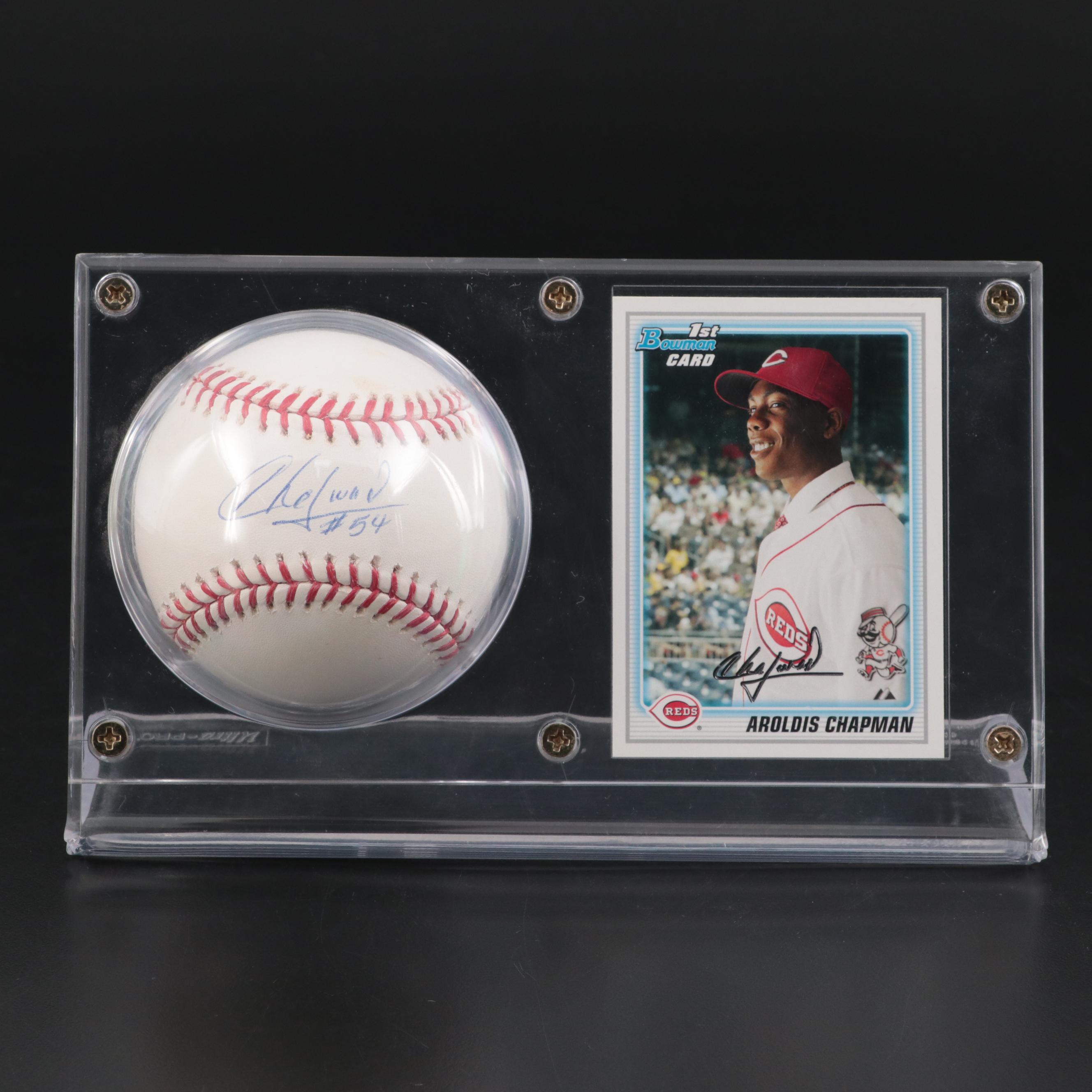 Aroldis Chapman Cincinnati Reds Signed Baseball with Rookie Card in Display