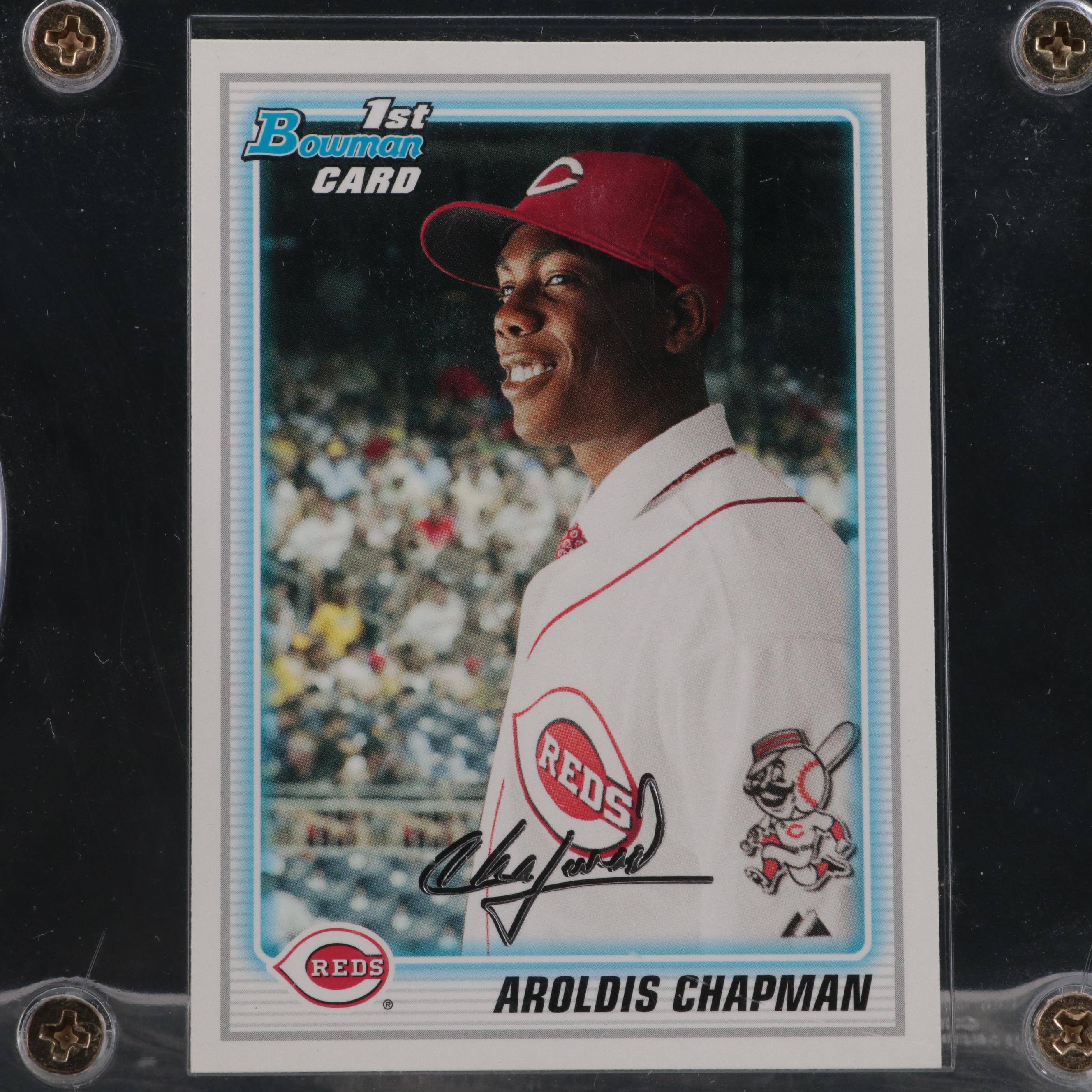 Aroldis Chapman Cincinnati Reds Signed Baseball with Rookie Card in Display
