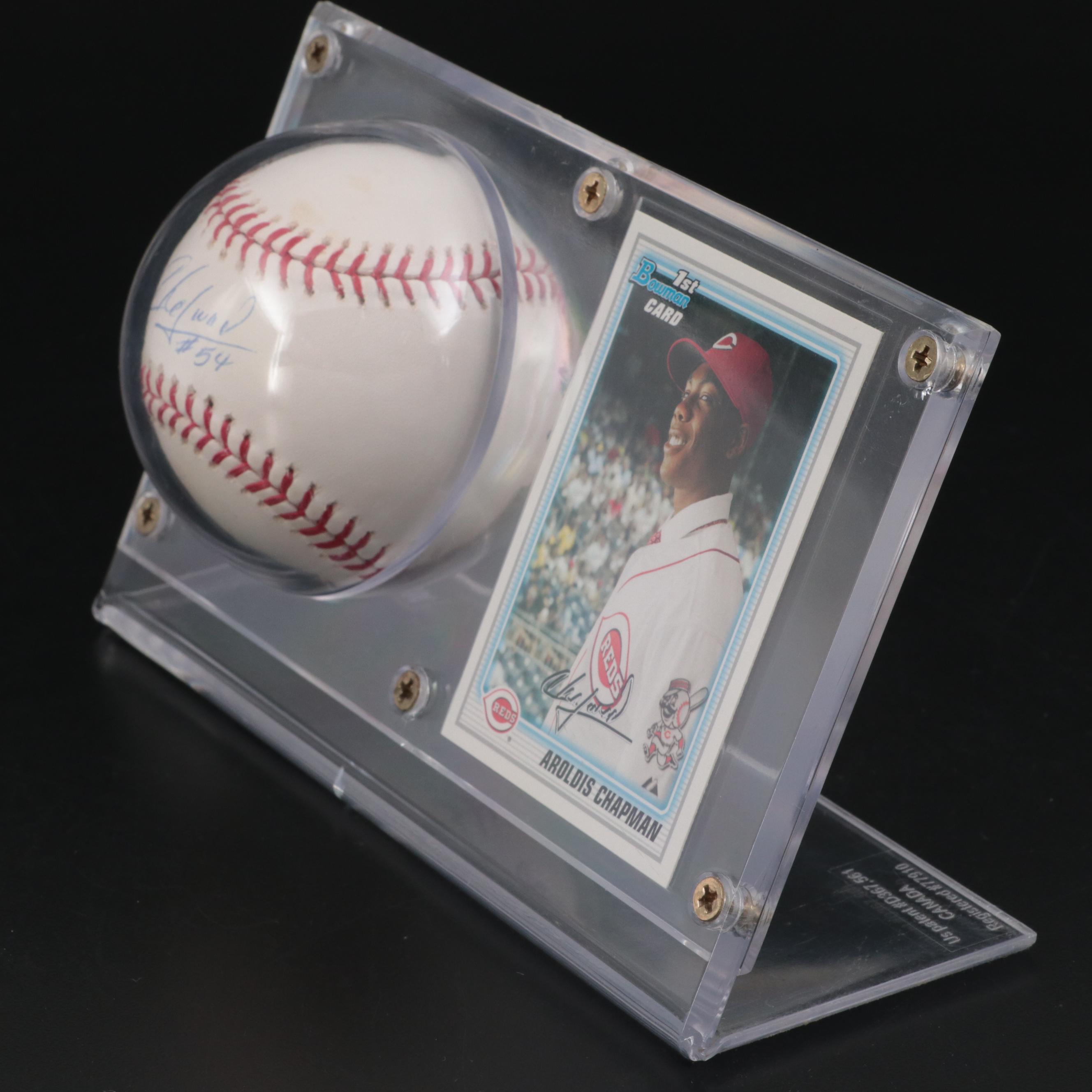 Aroldis Chapman Cincinnati Reds Signed Baseball with Rookie Card in Display