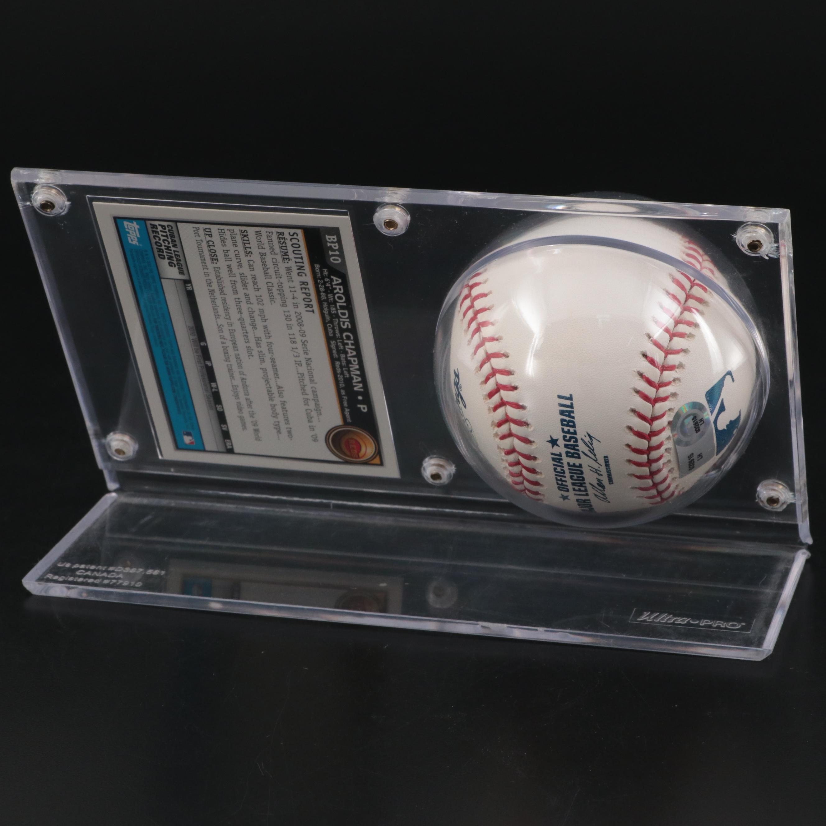 Aroldis Chapman Cincinnati Reds Signed Baseball with Rookie Card in Display