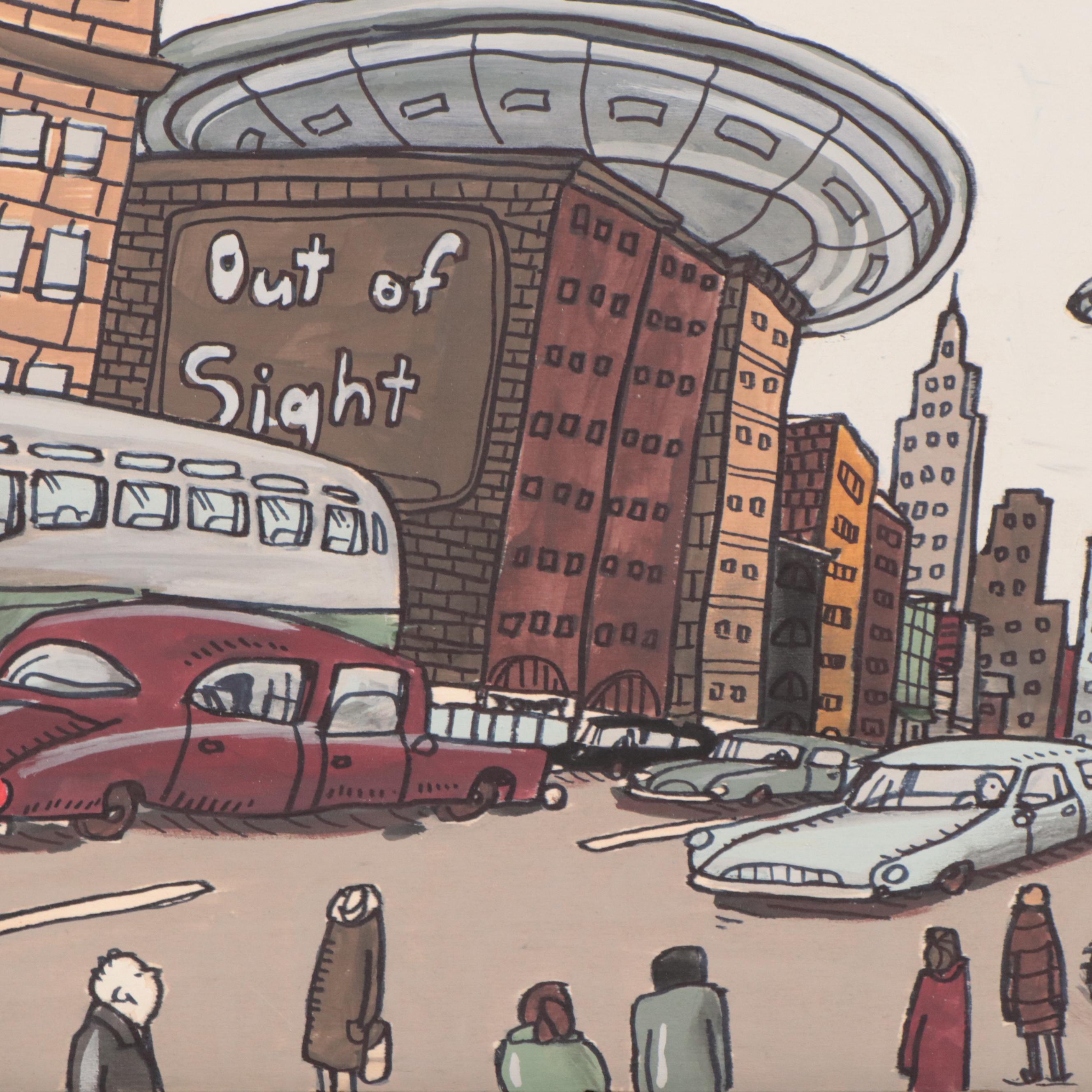 Aaron Wooten Acrylic and Ink Painting of Cityscape "Neptunian Attack #1," 2023