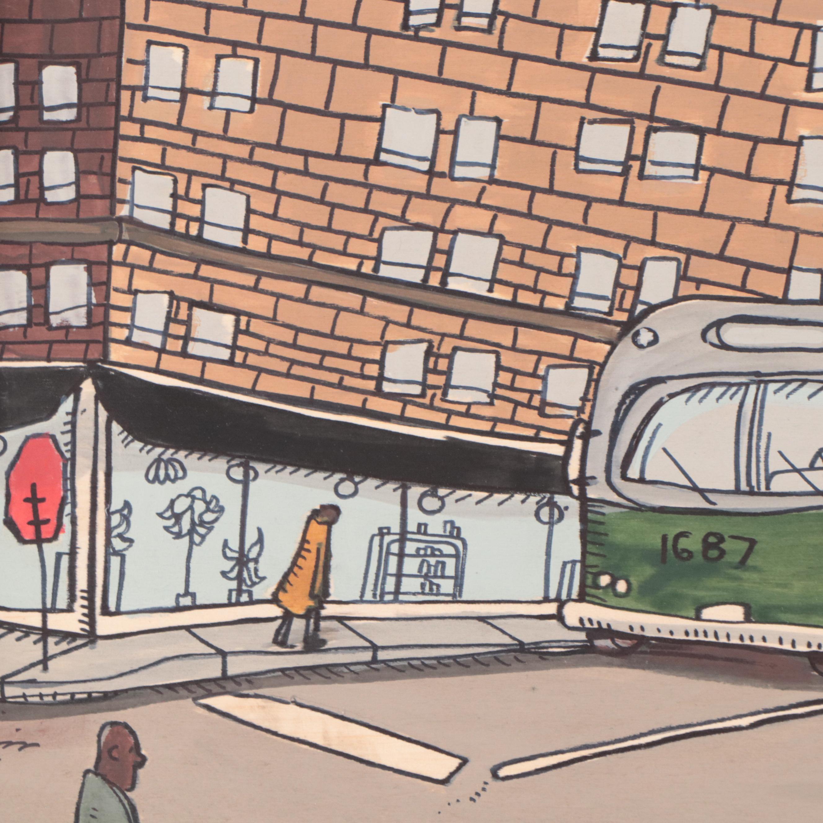 Aaron Wooten Acrylic and Ink Painting of Cityscape "Neptunian Attack #1," 2023