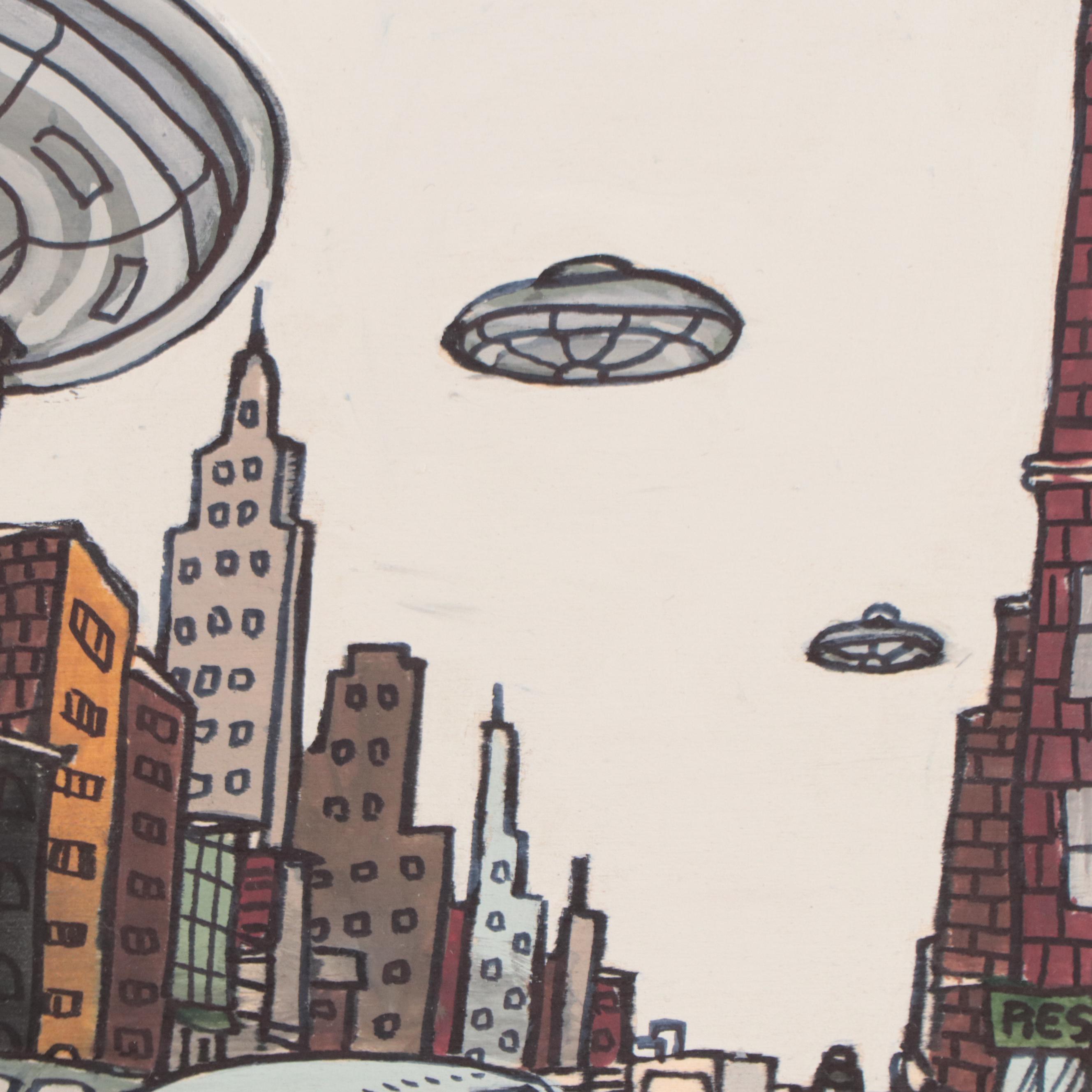 Aaron Wooten Acrylic and Ink Painting of Cityscape "Neptunian Attack #1," 2023