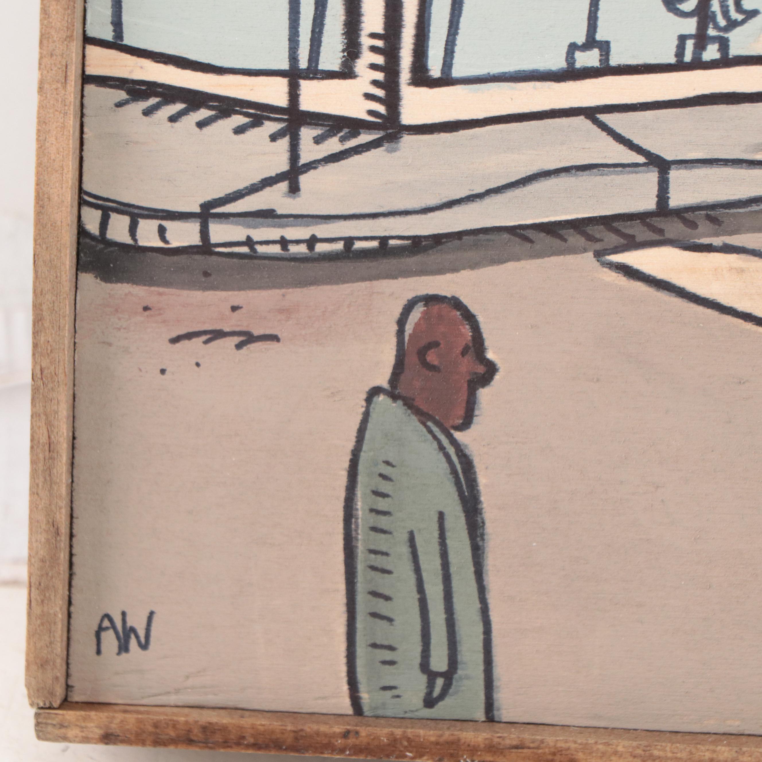 Aaron Wooten Acrylic and Ink Painting of Cityscape "Neptunian Attack #1," 2023